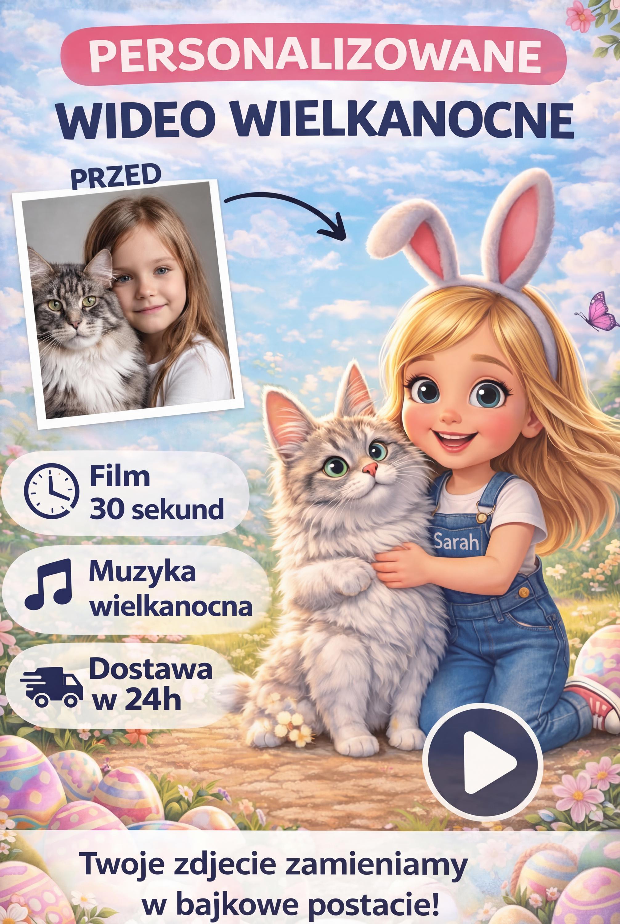 Personalizowane wideo wielkanocne | Twoje dziecko i zwierzak w bajkowej animacji | Wideo 30 sekund z Twojego zdjęcia | Prezent dla dziecka
