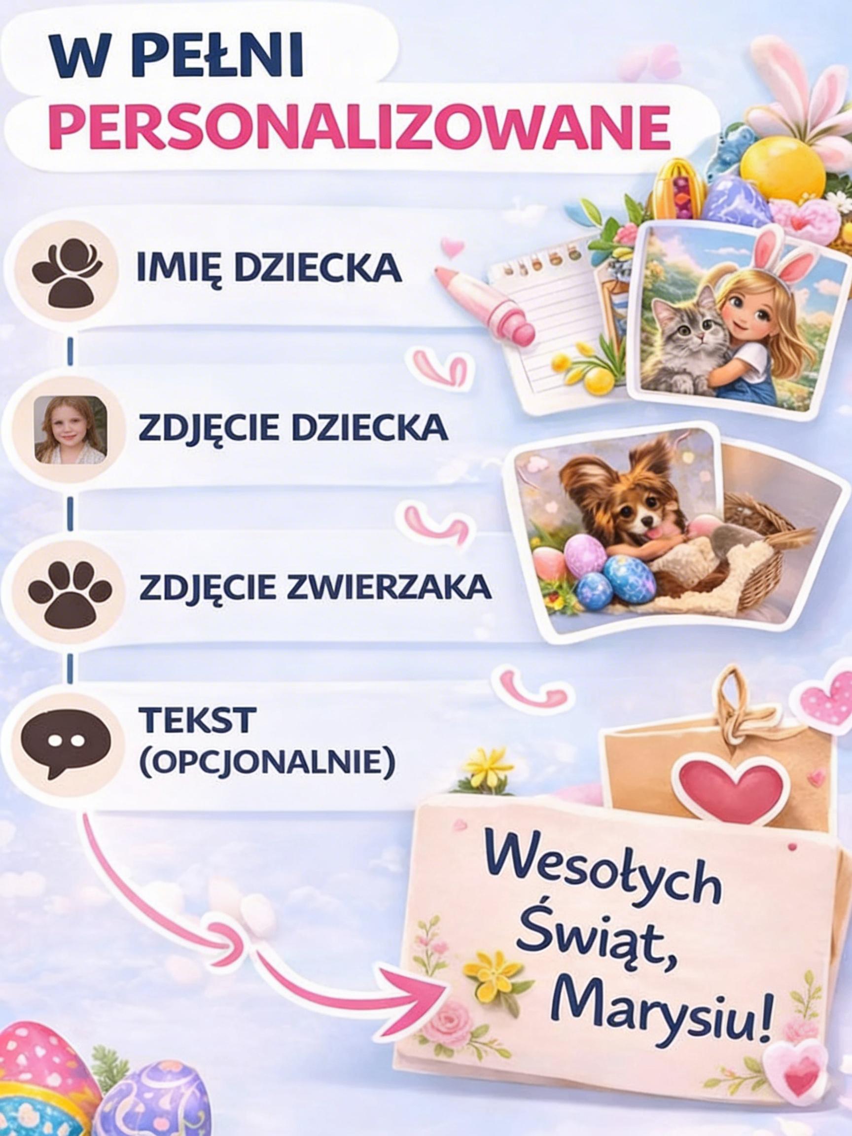 Personalizowane wideo wielkanocne | Twoje dziecko i zwierzak w bajkowej animacji | Wideo 30 sekund z Twojego zdjęcia | Prezent dla dziecka