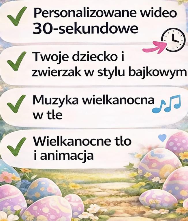 Personalizowane wideo wielkanocne | Twoje dziecko i zwierzak w bajkowej animacji | Wideo 30 sekund z Twojego zdjęcia | Prezent dla dziecka