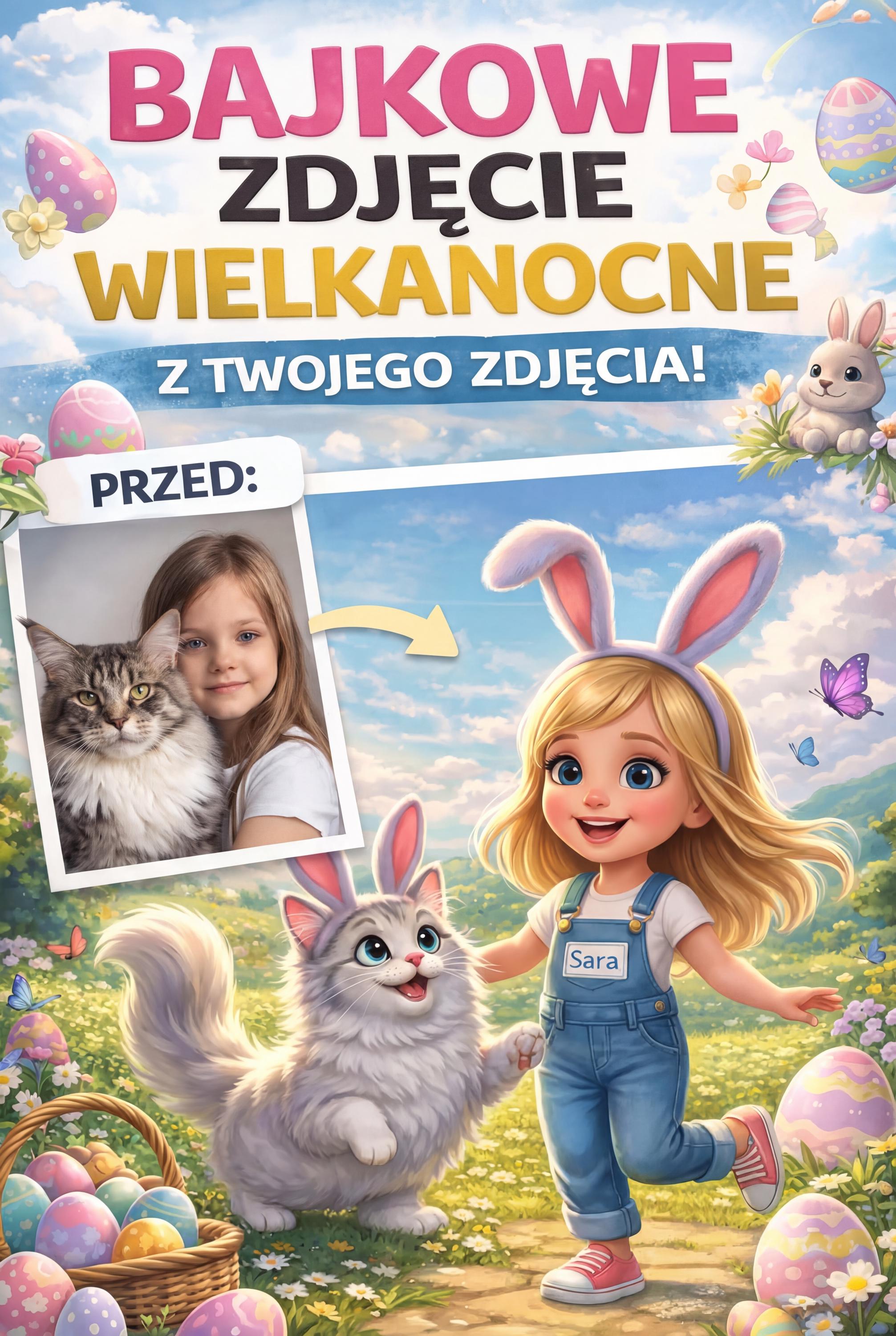 Bajkowa ilustracja z Twojego zdjęcia | Wielkanocne zdjęcie dziecka i zwierzaka | Personalizowana grafika | Prezent dla dziecka