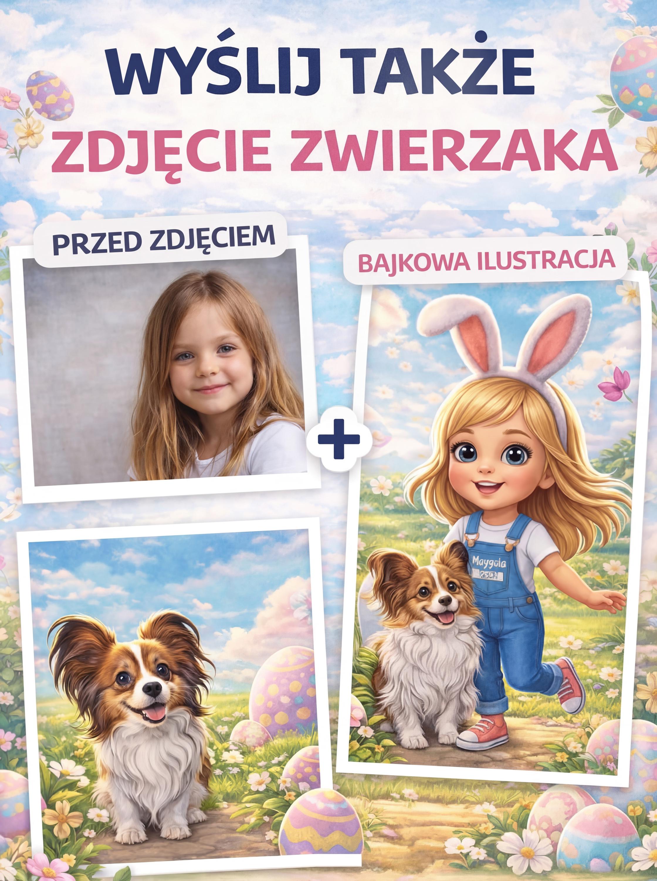 Bajkowa ilustracja z Twojego zdjęcia | Wielkanocne zdjęcie dziecka i zwierzaka | Personalizowana grafika | Prezent dla dziecka