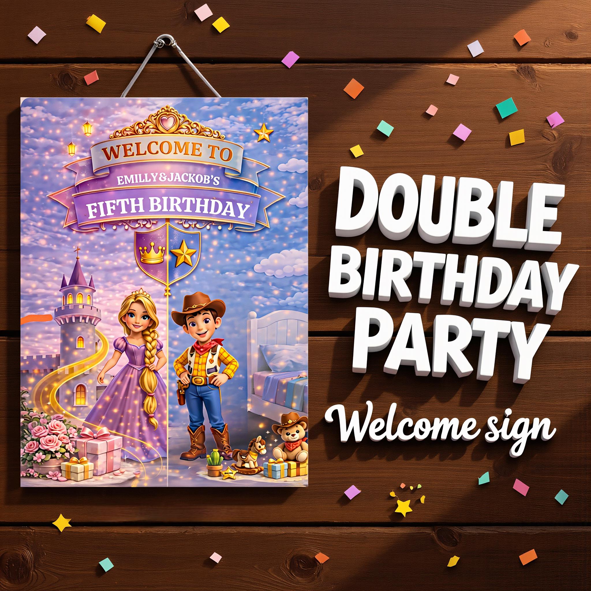 Toy Story & Rapunzel Joint Birthday Welcome Sign | Sibling Double Birthday | Twins Birthday | Combined Party Canva, Digital Download 18x24"