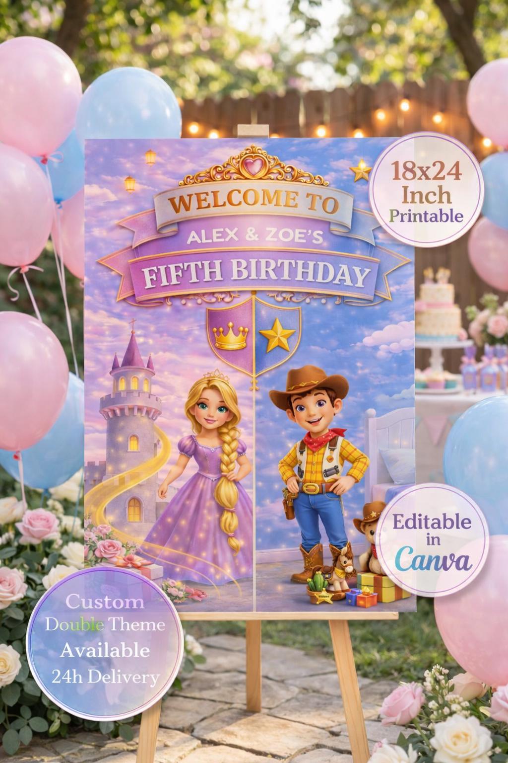 Toy Story & Rapunzel Joint Birthday Welcome Sign | Sibling Double Birthday | Twins Birthday | Combined Party Canva, Digital Download 18x24"