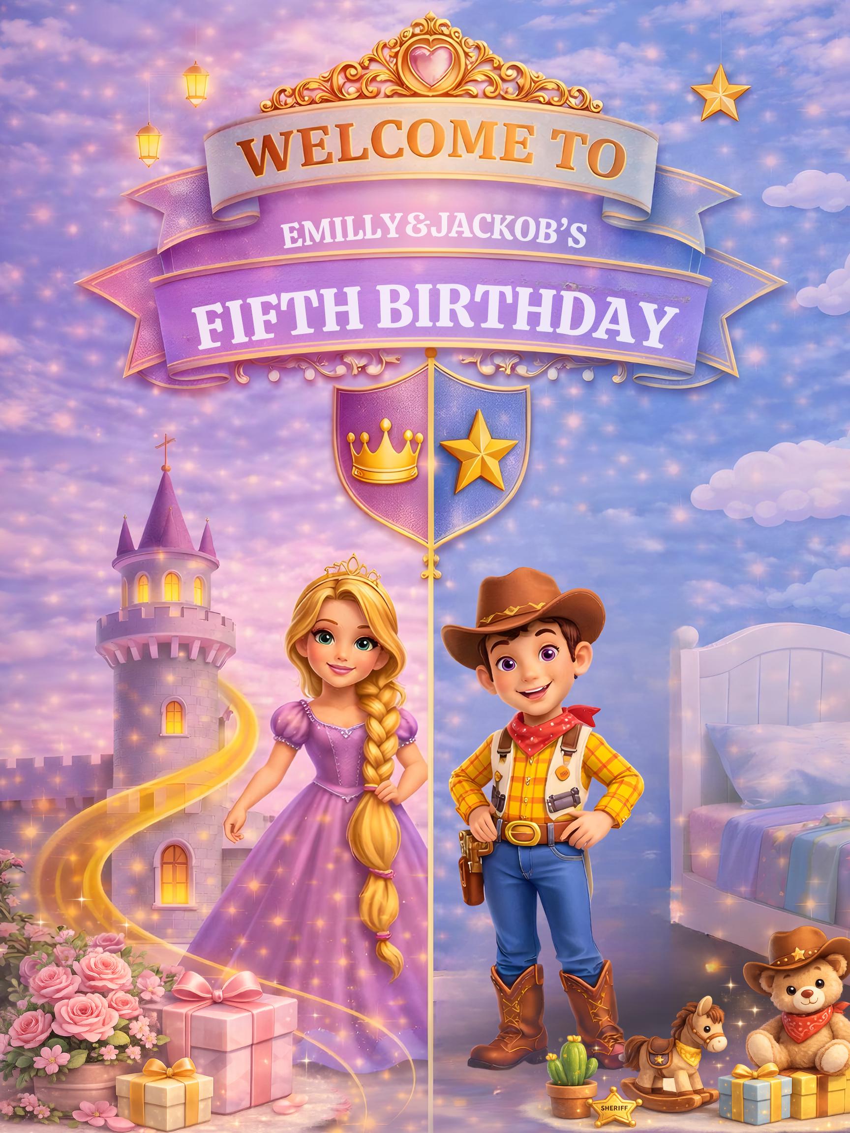 Toy Story & Rapunzel Joint Birthday Welcome Sign | Sibling Double Birthday | Twins Birthday | Combined Party Canva, Digital Download 18x24"