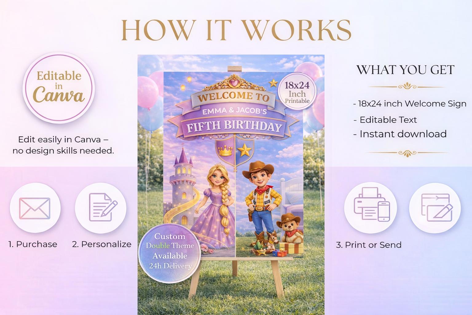 Toy Story & Rapunzel Joint Birthday Welcome Sign | Sibling Double Birthday | Twins Birthday | Combined Party Canva, Digital Download 18x24"