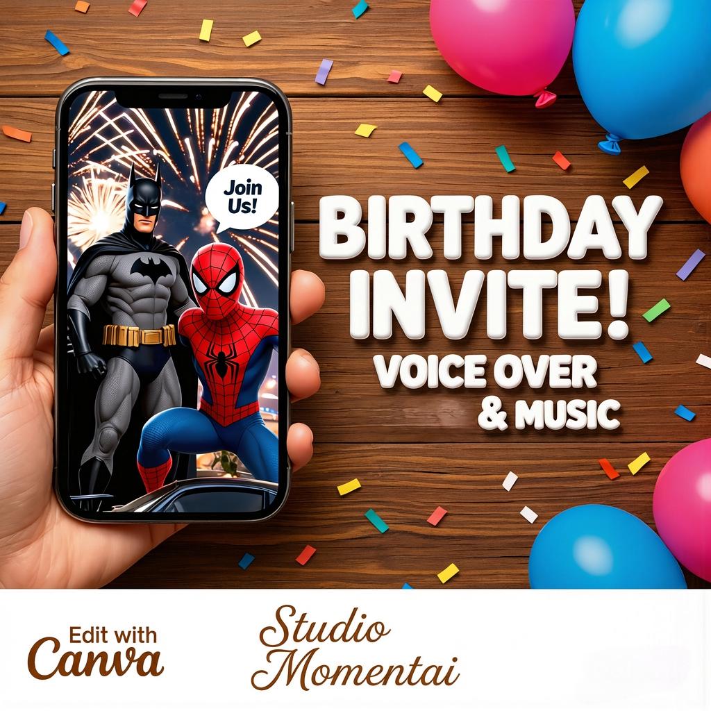 Spiderman & Superhero Birthday Invitation Video: Personalized Animated Digital Canva Mobile Invite