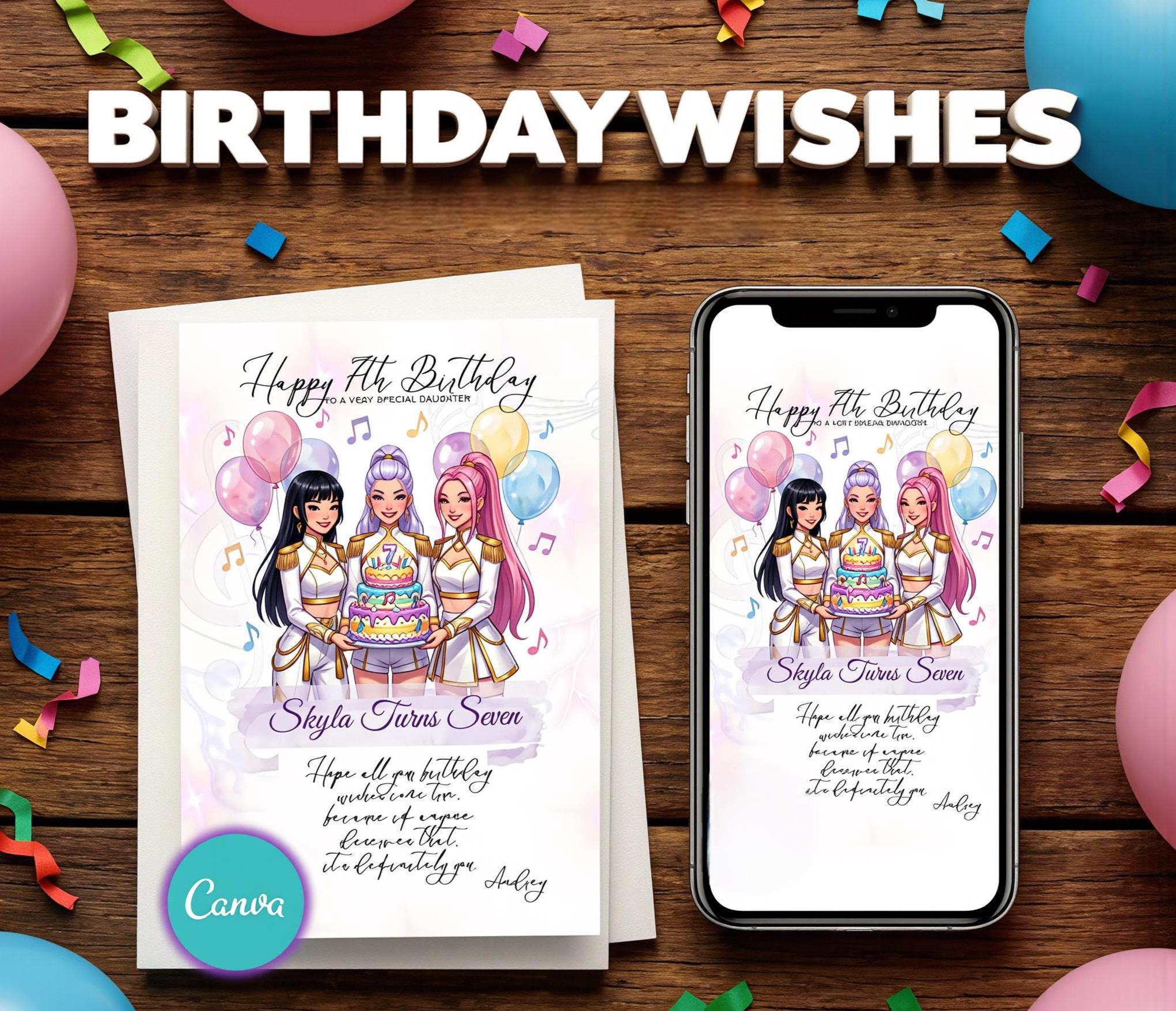 k pop demon hunters Birthday Card, Sister, Daughter, Friend, Niece, Best Friend Any Age Personalised huntrix Card Custom Printable Canva