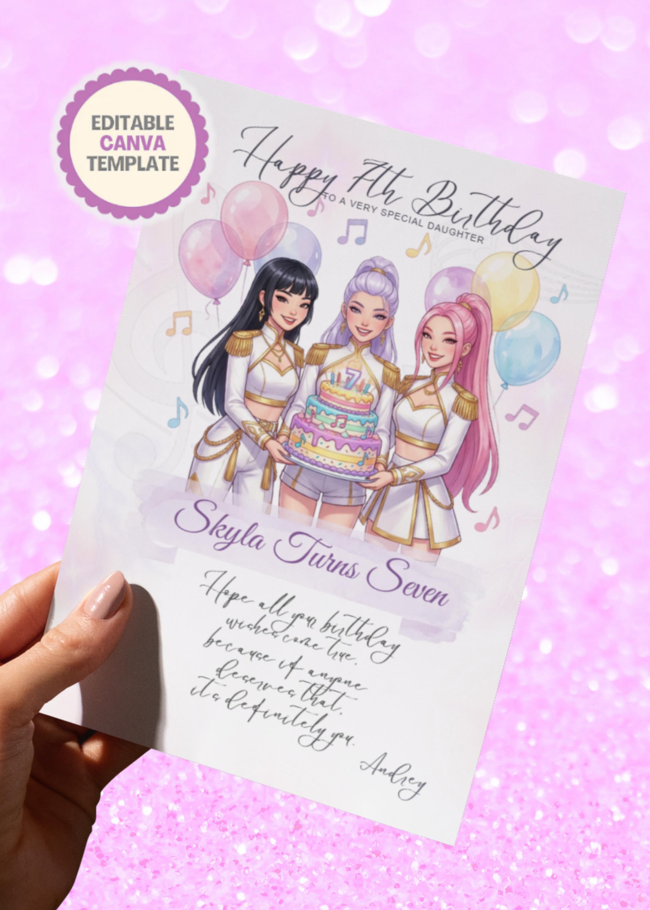 k pop demon hunters Birthday Card, Sister, Daughter, Friend, Niece, Best Friend Any Age Personalised huntrix Card Custom Printable Canva