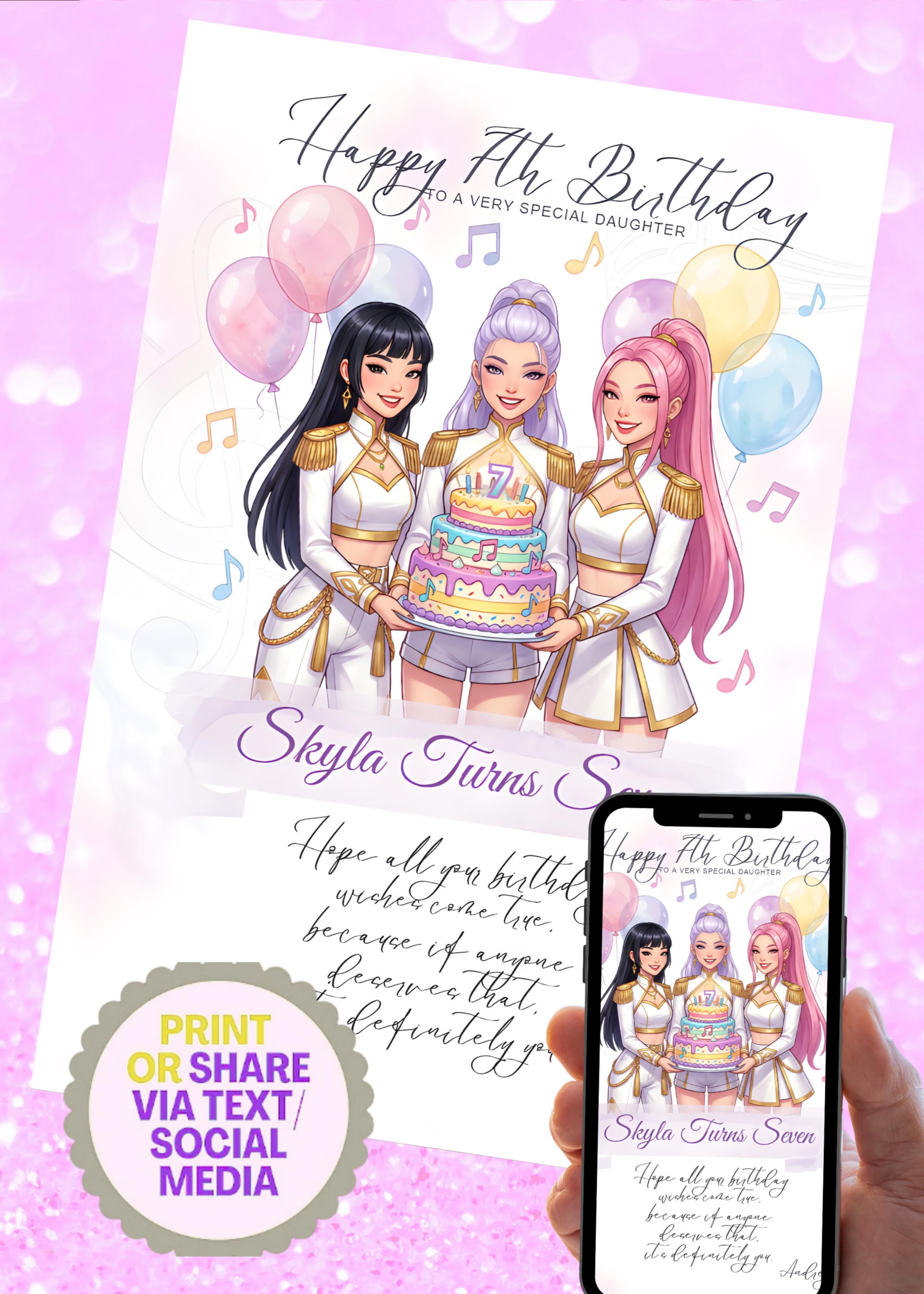 k pop demon hunters Birthday Card, Sister, Daughter, Friend, Niece, Best Friend Any Age Personalised huntrix Card Custom Printable Canva