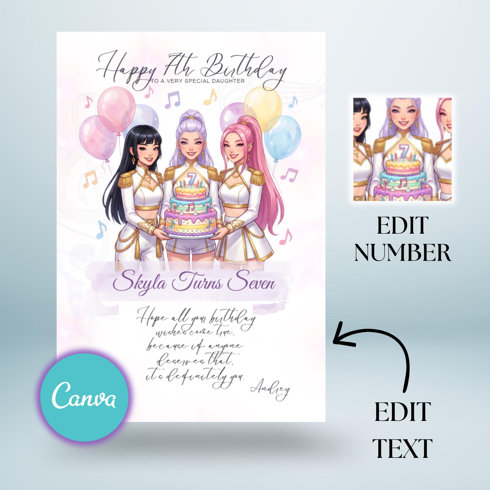 k pop demon hunters Birthday Card, Sister, Daughter, Friend, Niece, Best Friend Any Age Personalised huntrix Card Custom Printable Canva