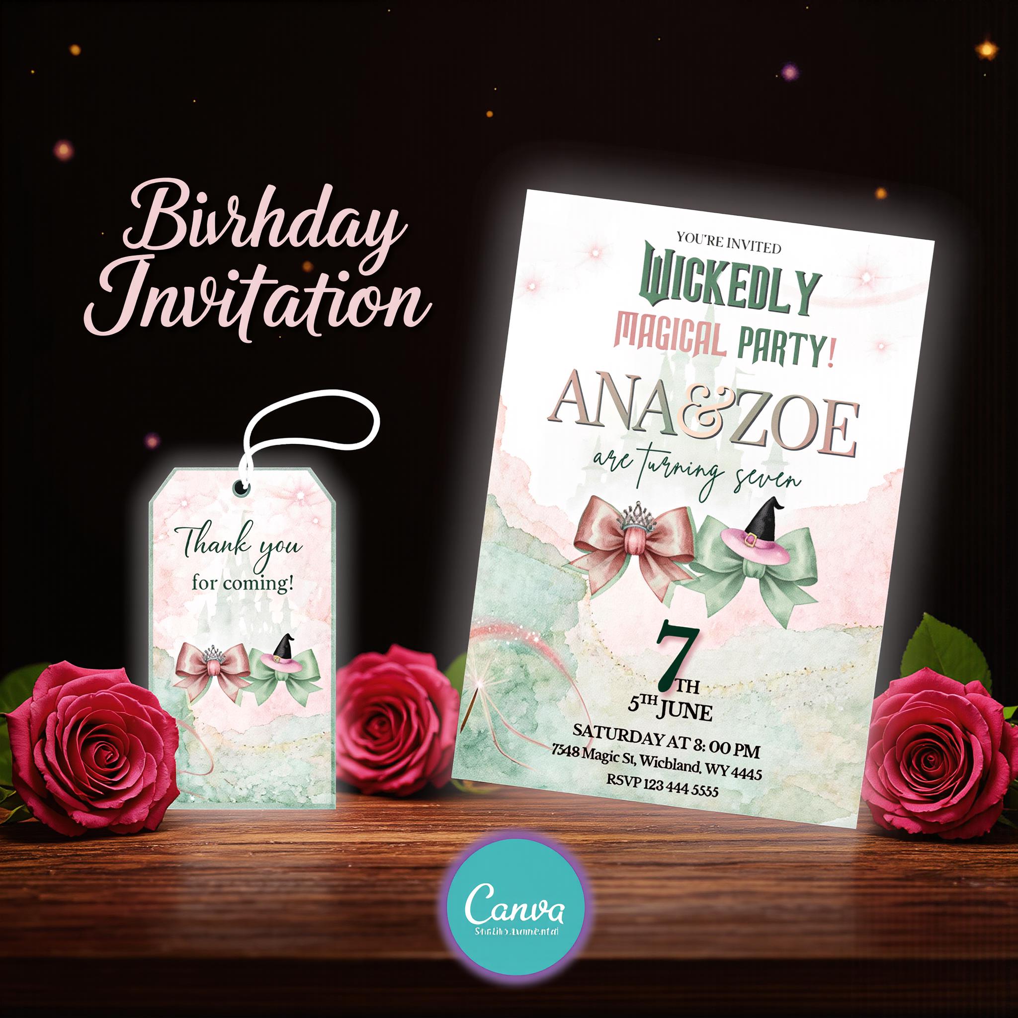 Invitation d’anniversaire Wicked avec étiquette | Invitation de fête Wicked | Invitation inspirée du film WICKED | Thème Elphaba & Glinda | Modifiable sur Canva