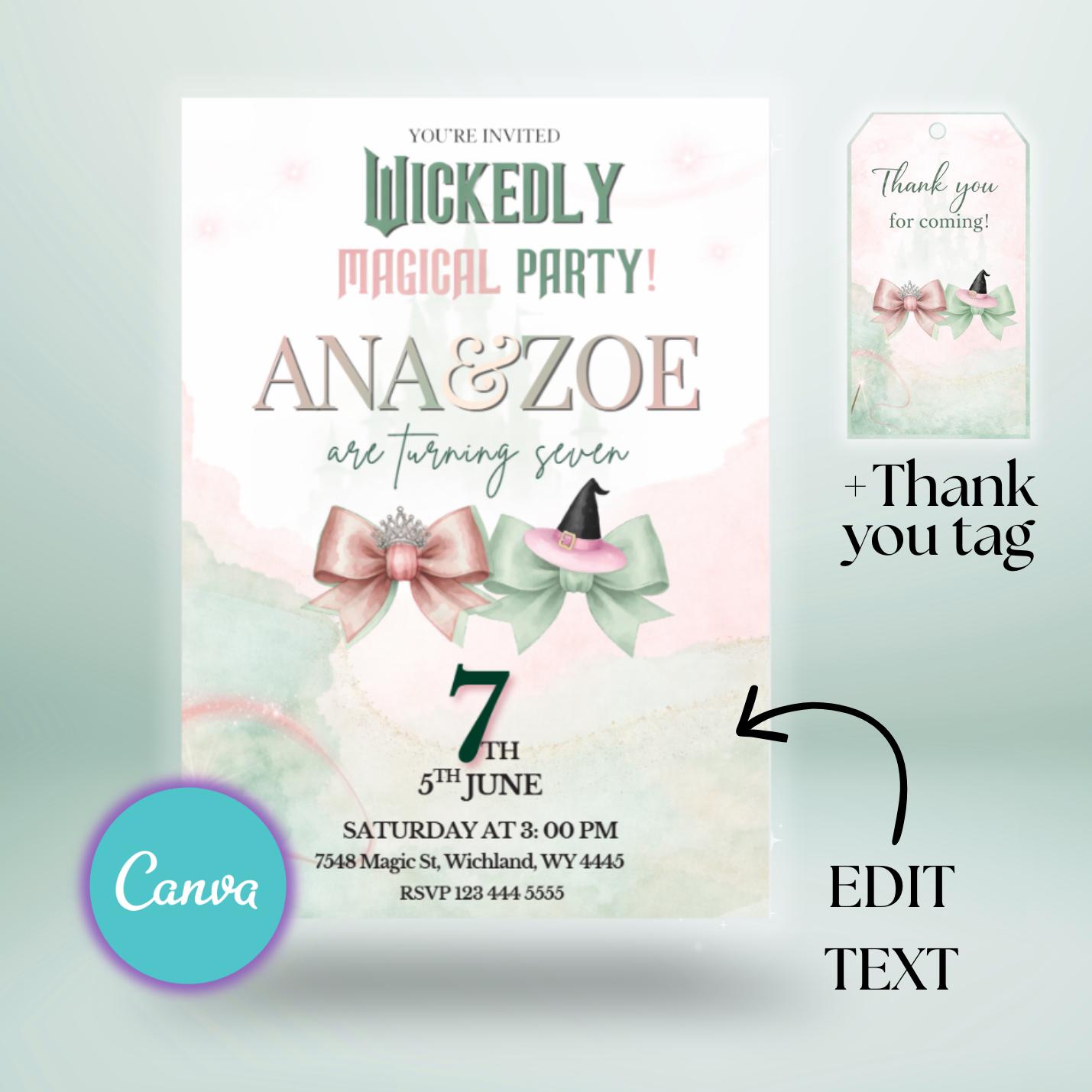 Invitation d’anniversaire Wicked avec étiquette | Invitation de fête Wicked | Invitation inspirée du film WICKED | Thème Elphaba & Glinda | Modifiable sur Canva