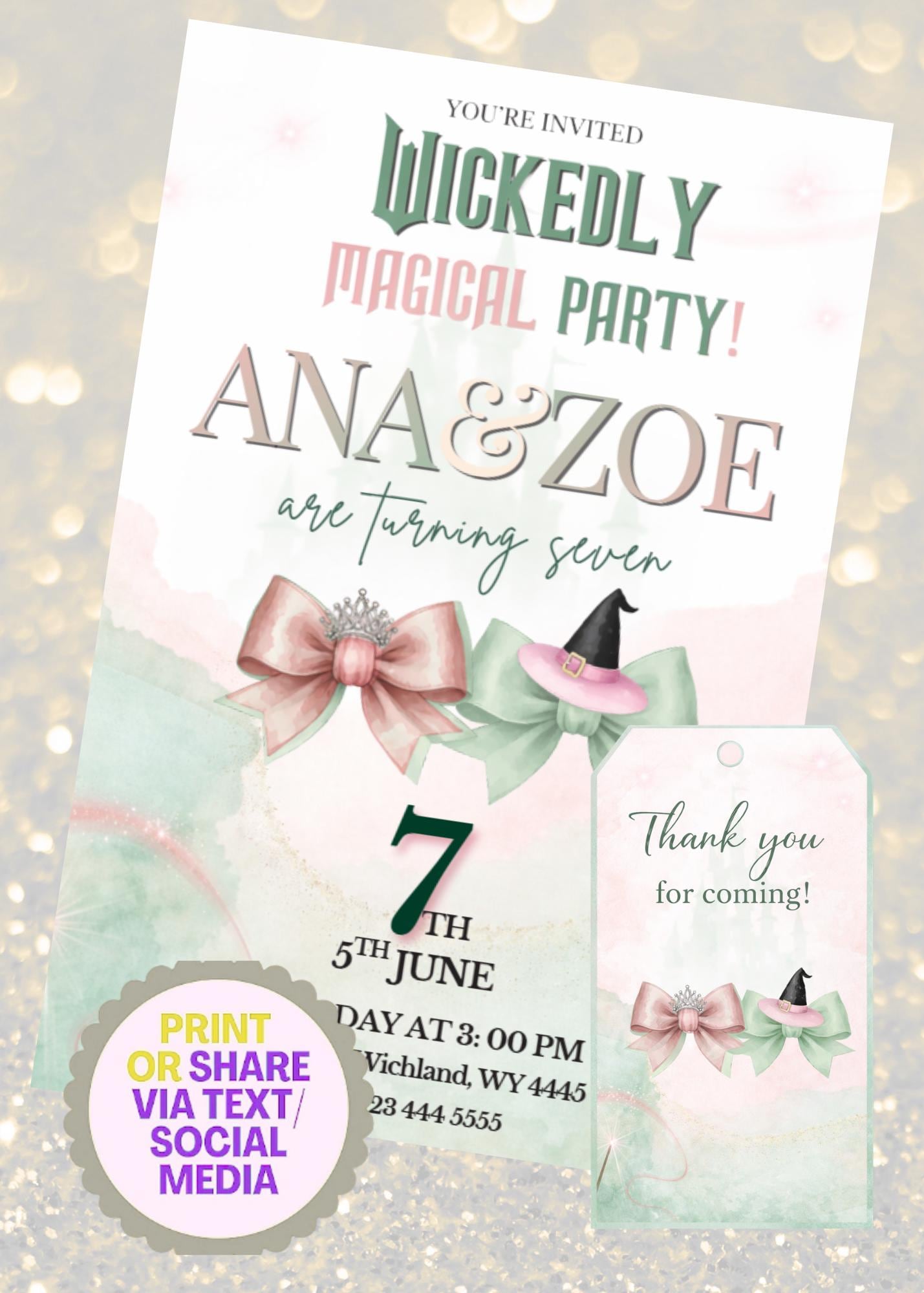 Invitation d’anniversaire Wicked avec étiquette | Invitation de fête Wicked | Invitation inspirée du film WICKED | Thème Elphaba & Glinda | Modifiable sur Canva