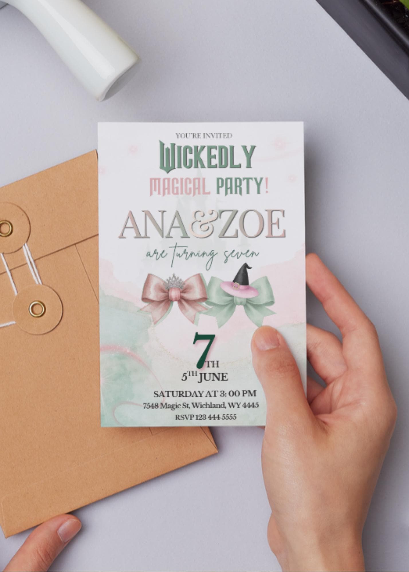 Invitation d’anniversaire Wicked avec étiquette | Invitation de fête Wicked | Invitation inspirée du film WICKED | Thème Elphaba & Glinda | Modifiable sur Canva