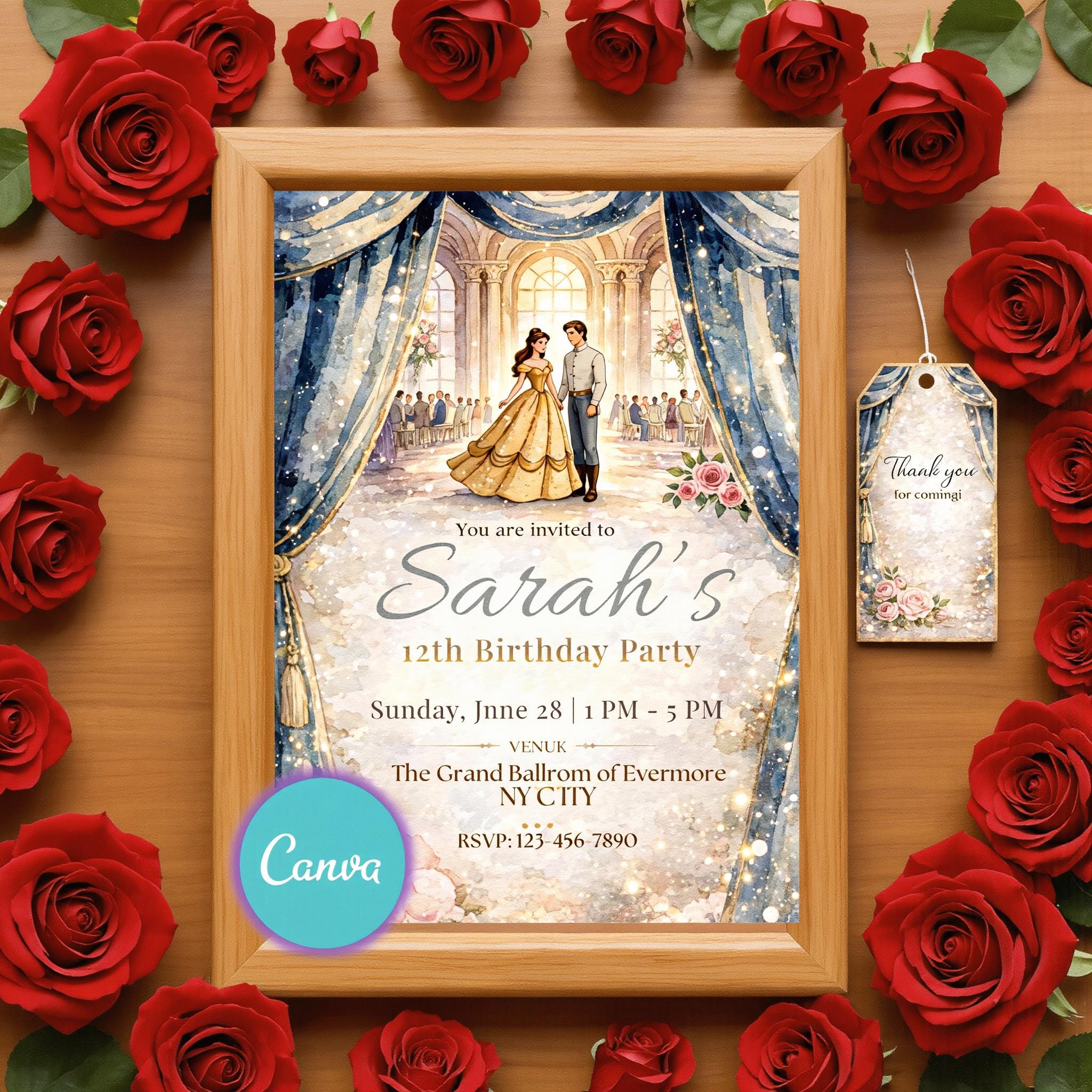 Invitation d’anniversaire princesse avec étiquette de remerciement, invitation élégante de salle de bal, Canva modifiable, invitation d’anniversaire pour fille, invitation féerique