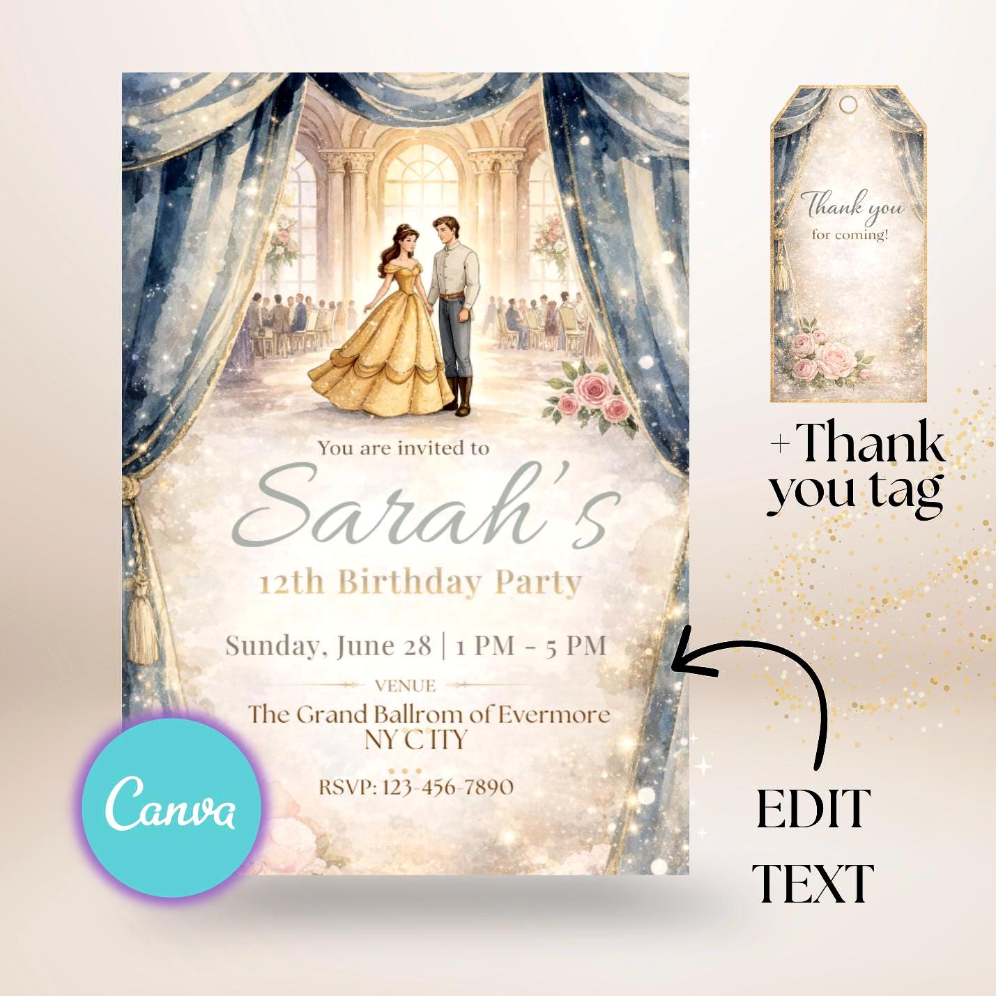 Invitation d’anniversaire princesse avec étiquette de remerciement, invitation élégante de salle de bal, Canva modifiable, invitation d’anniversaire pour fille, invitation féerique