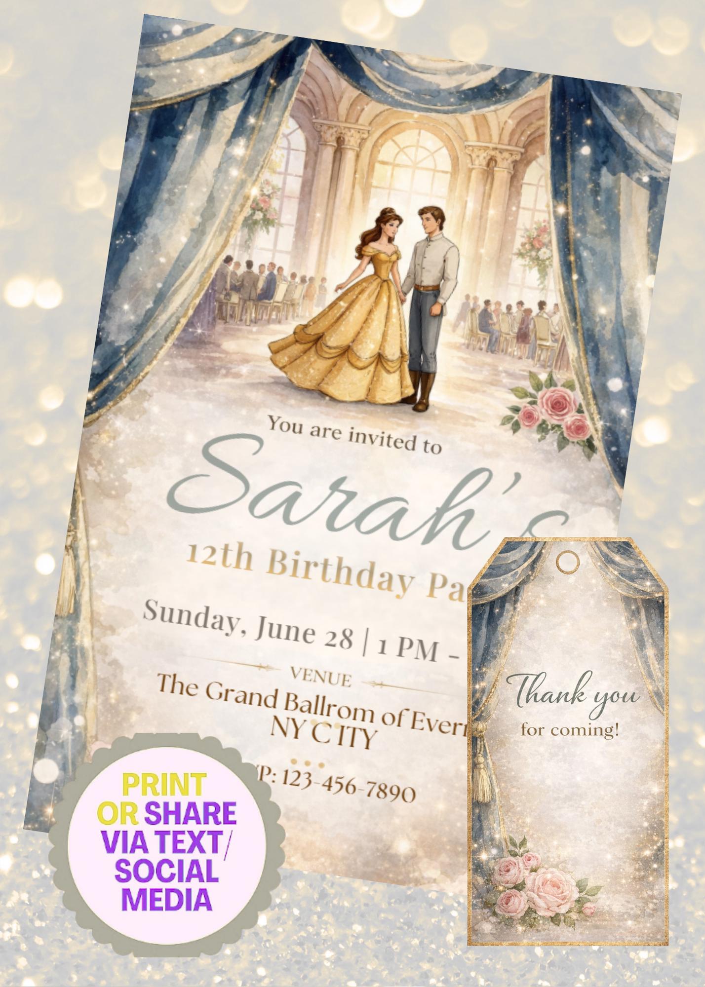 Invitation d’anniversaire princesse avec étiquette de remerciement, invitation élégante de salle de bal, Canva modifiable, invitation d’anniversaire pour fille, invitation féerique