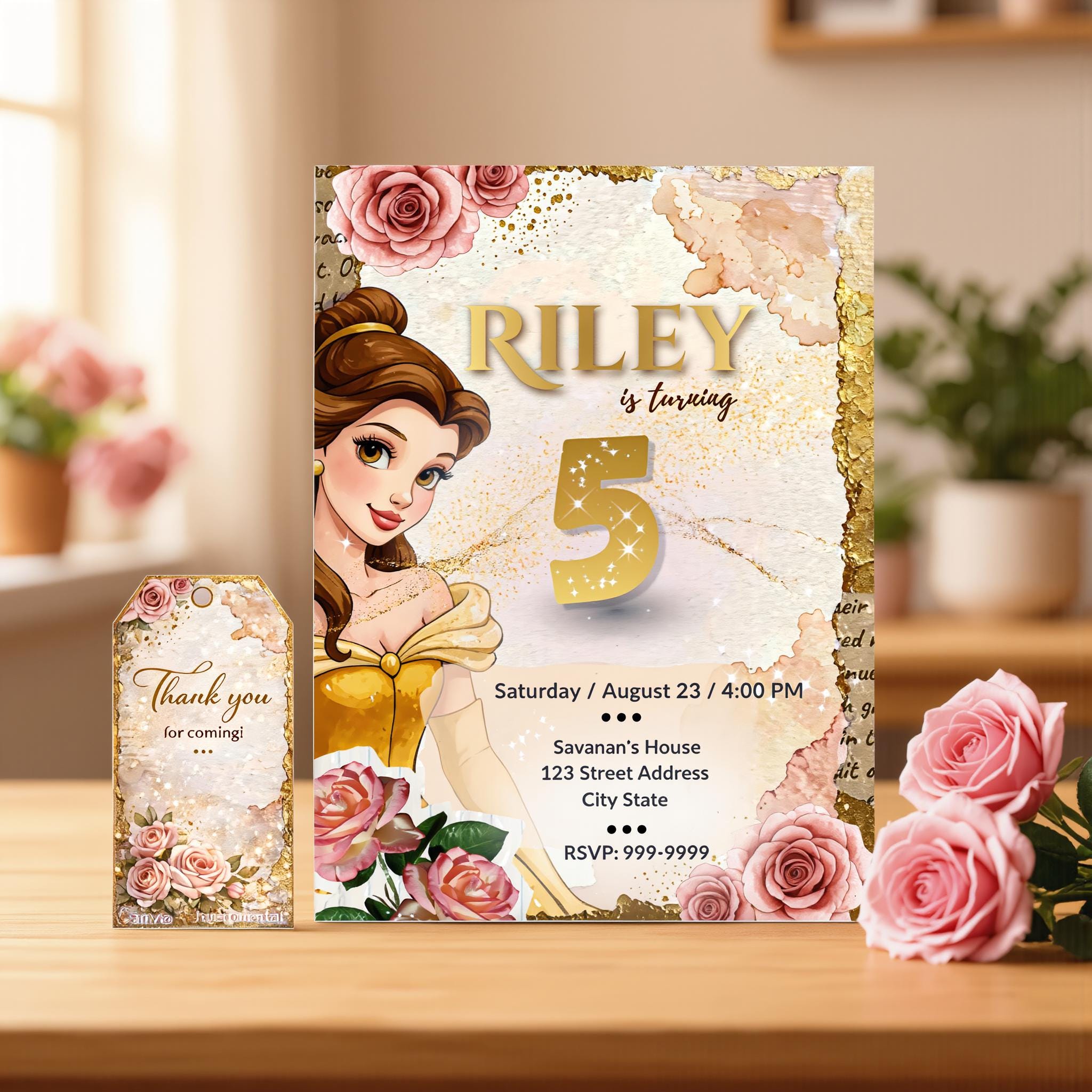 Invitación de cumpleaños de la Princesa Bella La Bella y la Bestia, plantilla editable de Canva, invitación de cumpleaños de cuento de hadas y pack con etiqueta de agradecimiento