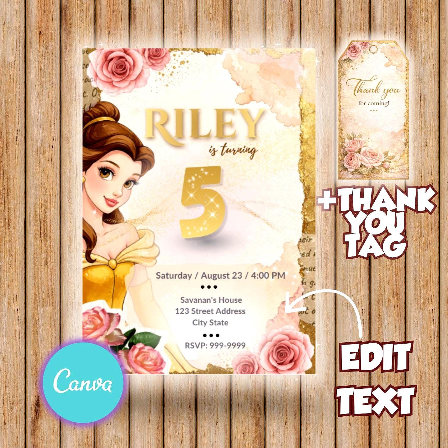 Invitación de cumpleaños de la Princesa Bella La Bella y la Bestia, plantilla editable de Canva, invitación de cumpleaños de cuento de hadas y pack con etiqueta de agradecimiento