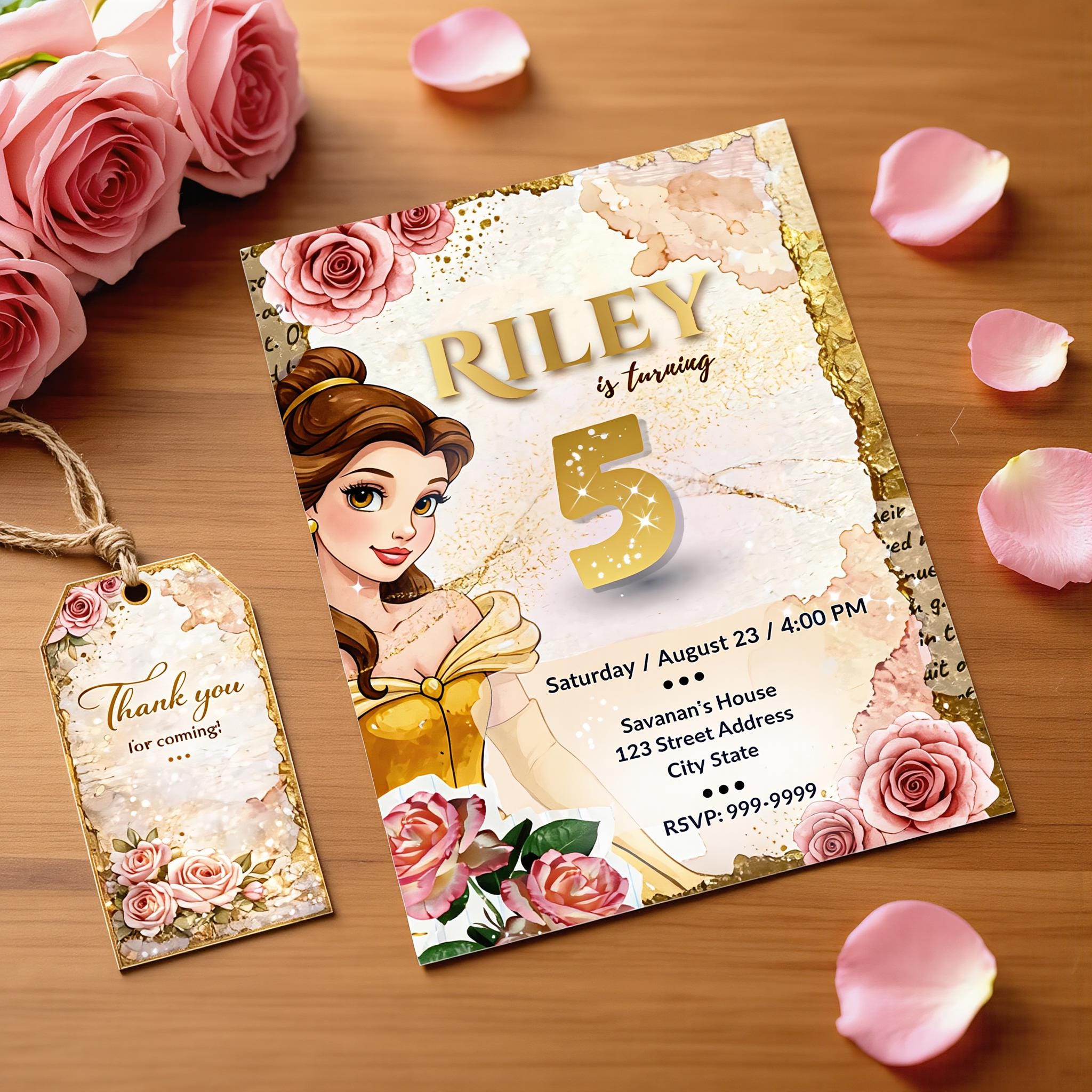 Invitación de cumpleaños de la Princesa Bella La Bella y la Bestia, plantilla editable de Canva, invitación de cumpleaños de cuento de hadas y pack con etiqueta de agradecimiento