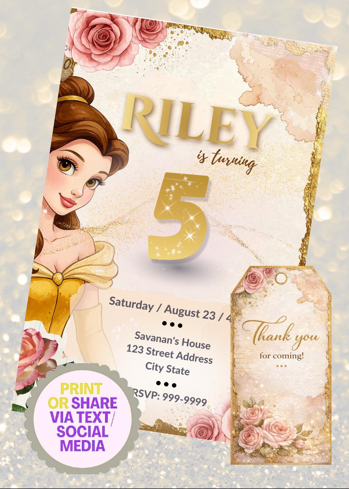 Invitación de cumpleaños de la Princesa Bella La Bella y la Bestia, plantilla editable de Canva, invitación de cumpleaños de cuento de hadas y pack con etiqueta de agradecimiento