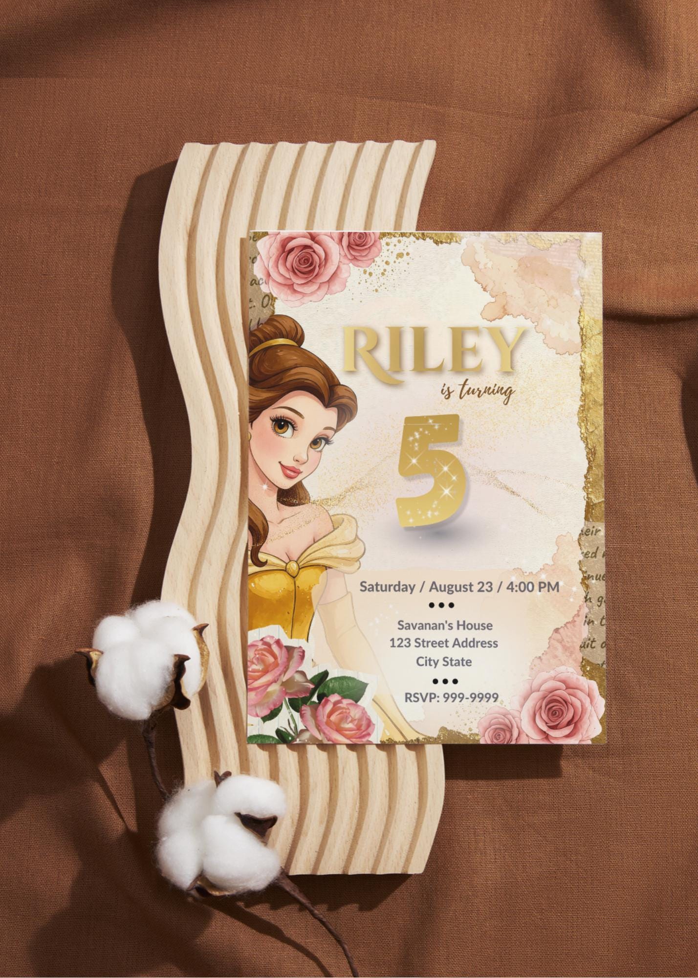 Invitación de cumpleaños de la Princesa Bella La Bella y la Bestia, plantilla editable de Canva, invitación de cumpleaños de cuento de hadas y pack con etiqueta de agradecimiento