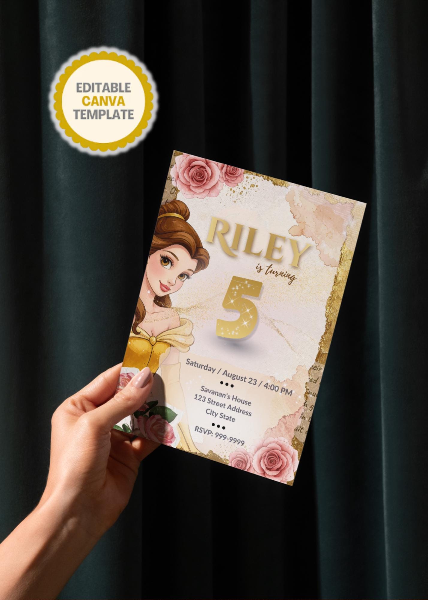 Invitación de cumpleaños de la Princesa Bella La Bella y la Bestia, plantilla editable de Canva, invitación de cumpleaños de cuento de hadas y pack con etiqueta de agradecimiento