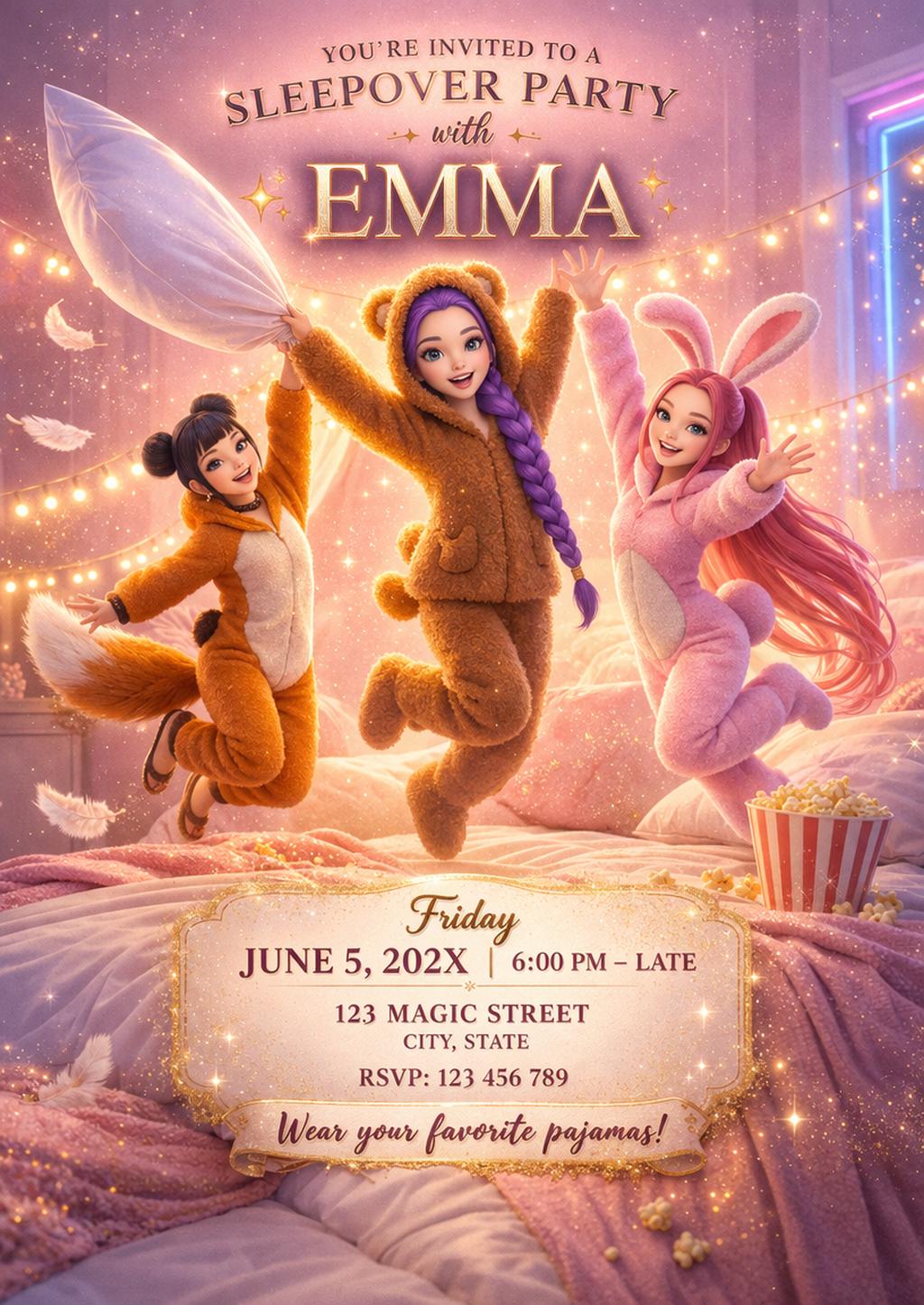 Kpop Demon Hunters invitation, Pajama Party theme,Sleepover Party Invitation & Thank You Tag | Slumber Party