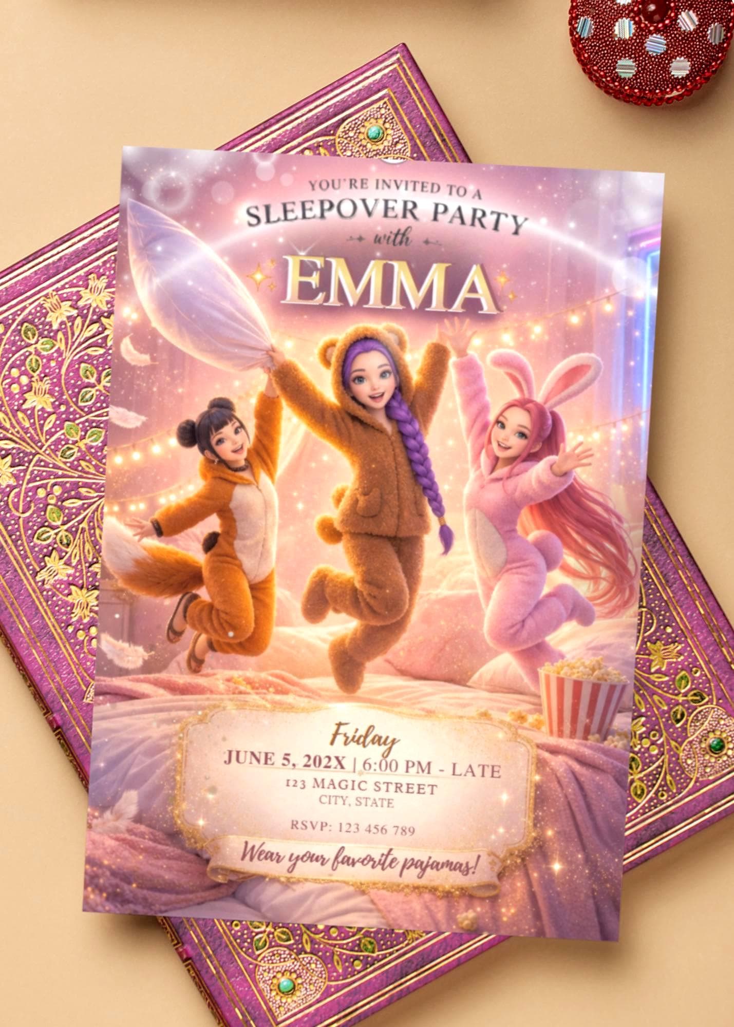 Kpop Demon Hunters invitation, Pajama Party theme,Sleepover Party Invitation & Thank You Tag | Slumber Party