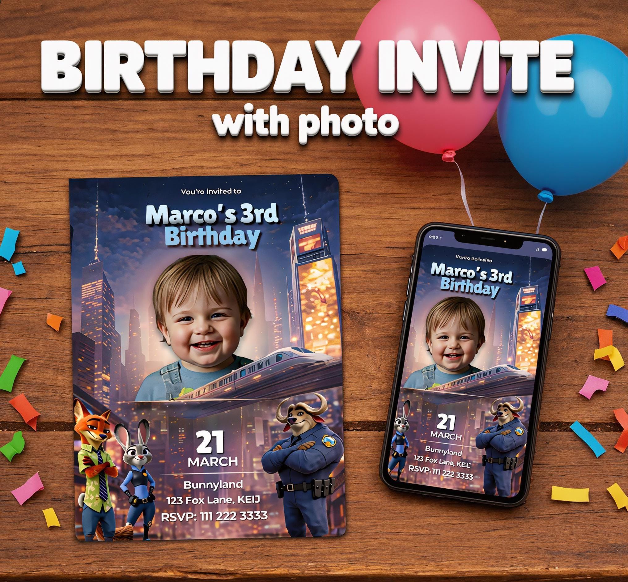 Invitación de cumpleaños de Zootopia, invitación con foto personalizada, invitación de cumpleaños infantil, invitación de fiesta personalizada, cumpleaños digital, invitación para niño o niña