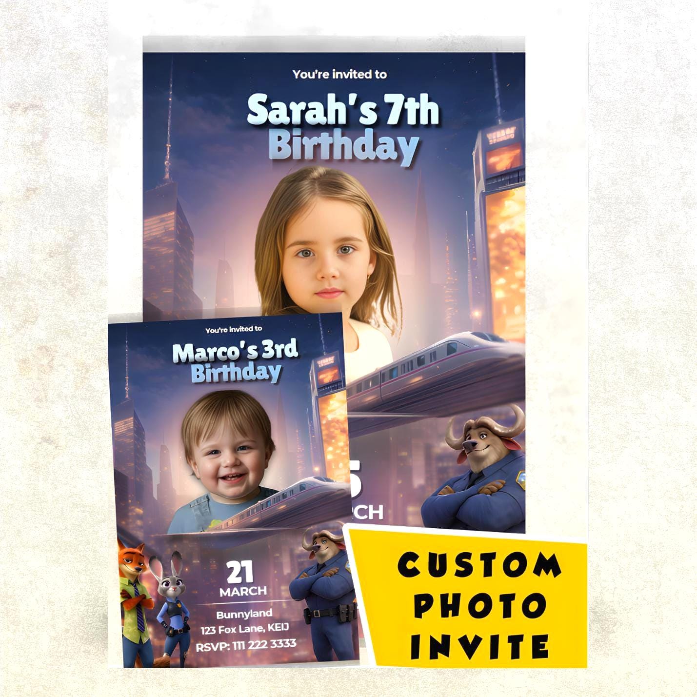 Invitación de cumpleaños de Zootopia, invitación con foto personalizada, invitación de cumpleaños infantil, invitación de fiesta personalizada, cumpleaños digital, invitación para niño o niña