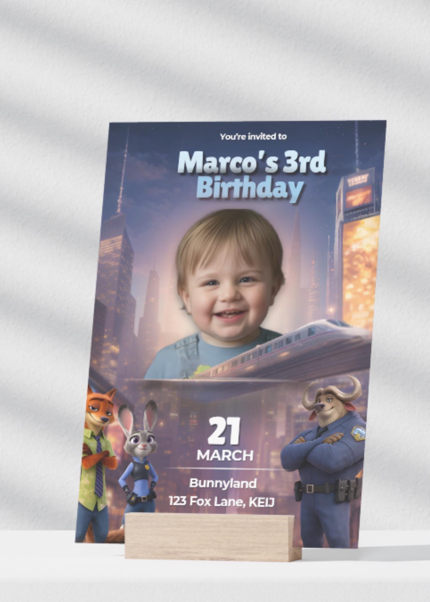 Invitación de cumpleaños de Zootopia, invitación con foto personalizada, invitación de cumpleaños infantil, invitación de fiesta personalizada, cumpleaños digital, invitación para niño o niña