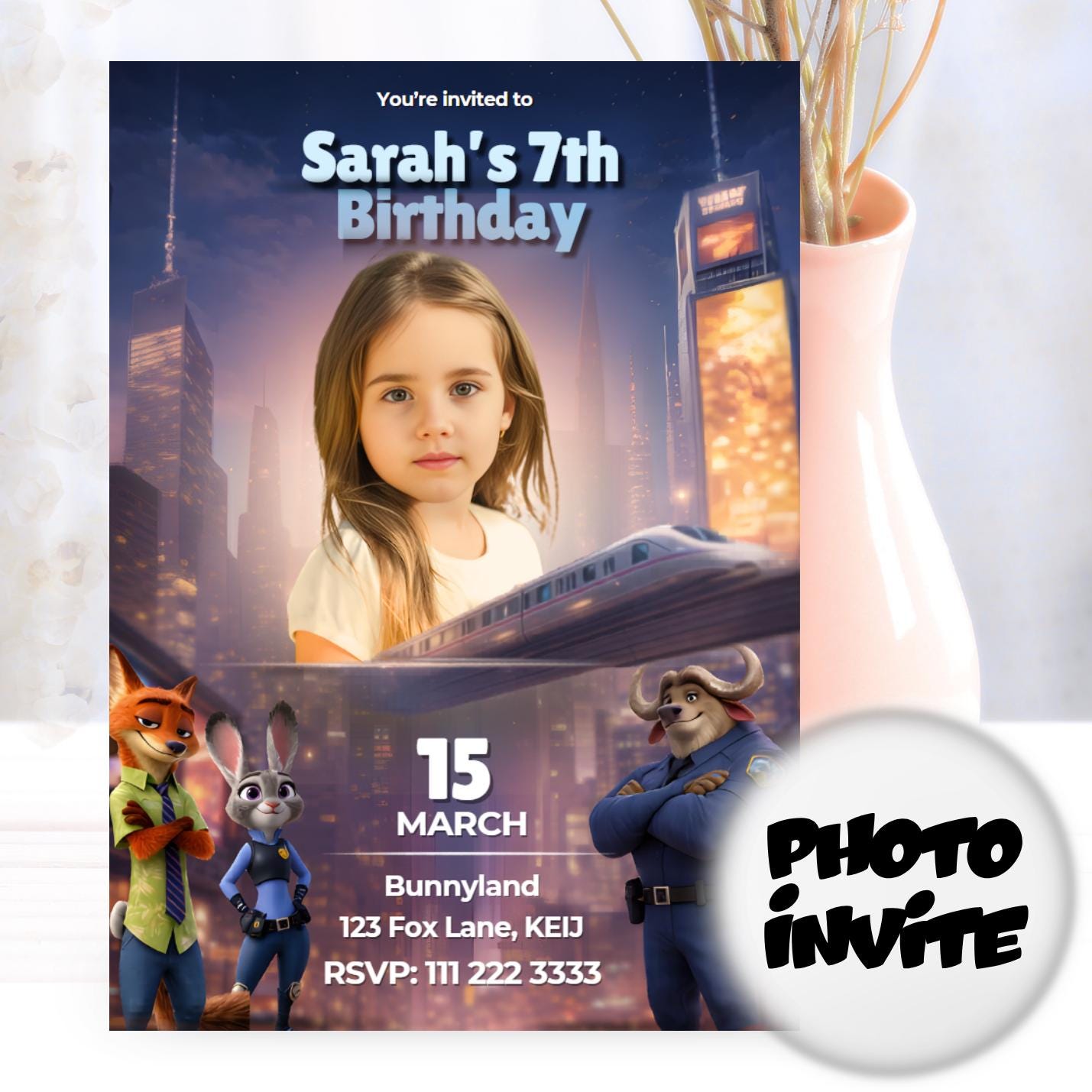 Invitación de cumpleaños de Zootopia, invitación con foto personalizada, invitación de cumpleaños infantil, invitación de fiesta personalizada, cumpleaños digital, invitación para niño o niña