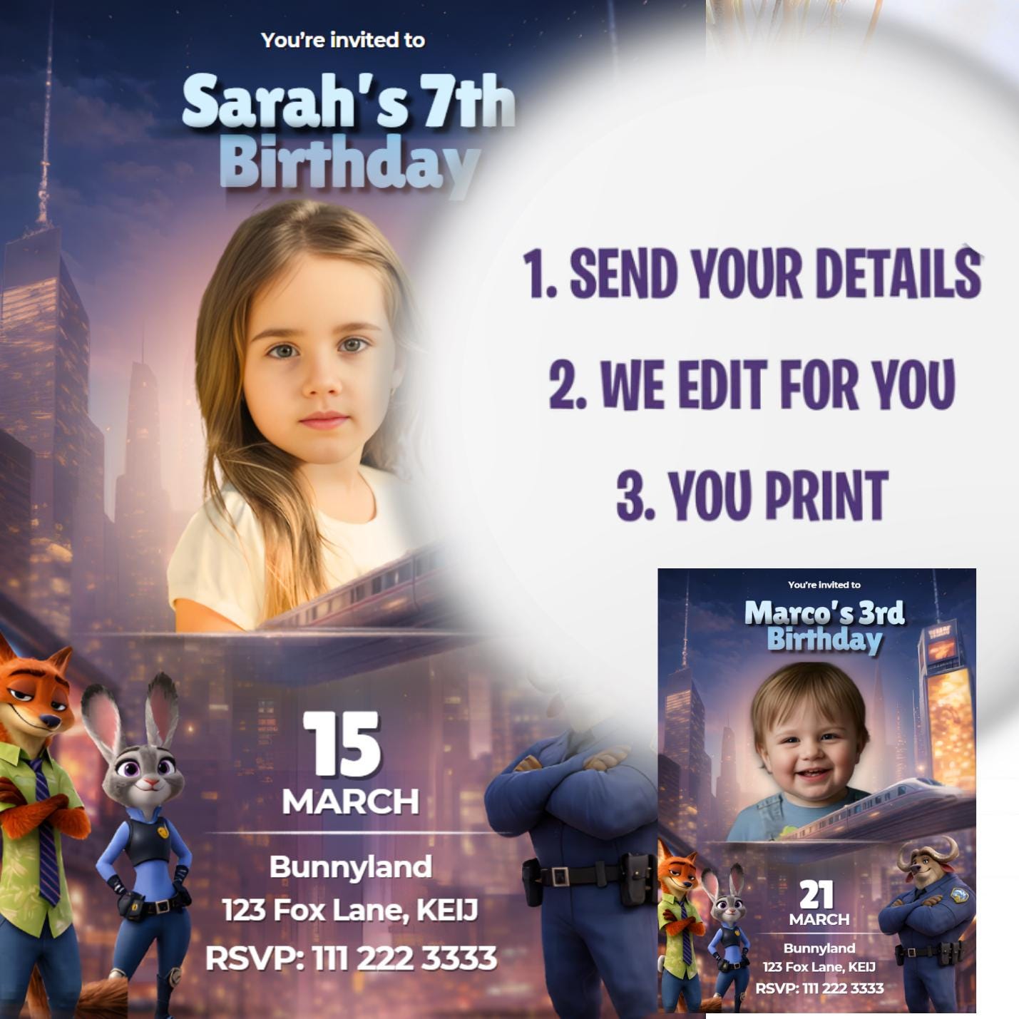 Invitación de cumpleaños de Zootopia, invitación con foto personalizada, invitación de cumpleaños infantil, invitación de fiesta personalizada, cumpleaños digital, invitación para niño o niña