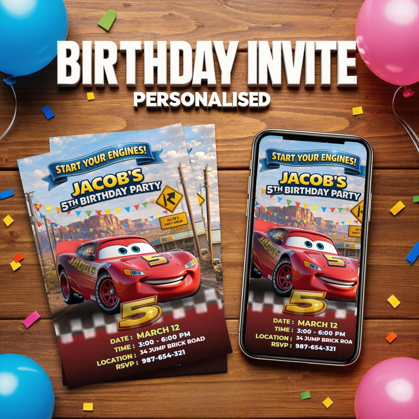 Custom Race Car Birthday Invitation, Personalized Kids Invite with Photo, Name and Age on Car, Digital Birthday Invite, We Edit