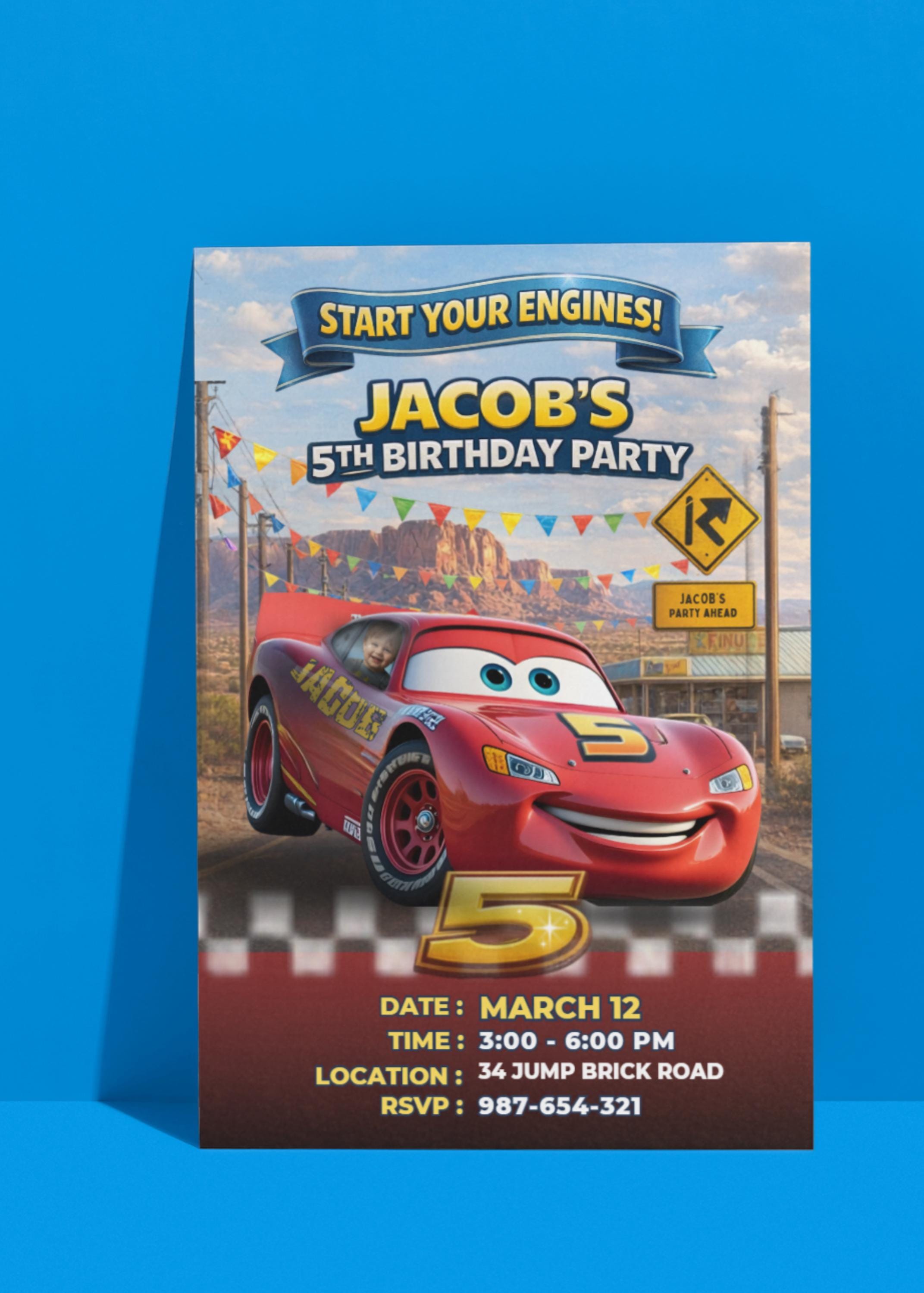 Custom Race Car Birthday Invitation, Personalized Kids Invite with Photo, Name and Age on Car, Digital Birthday Invite, We Edit