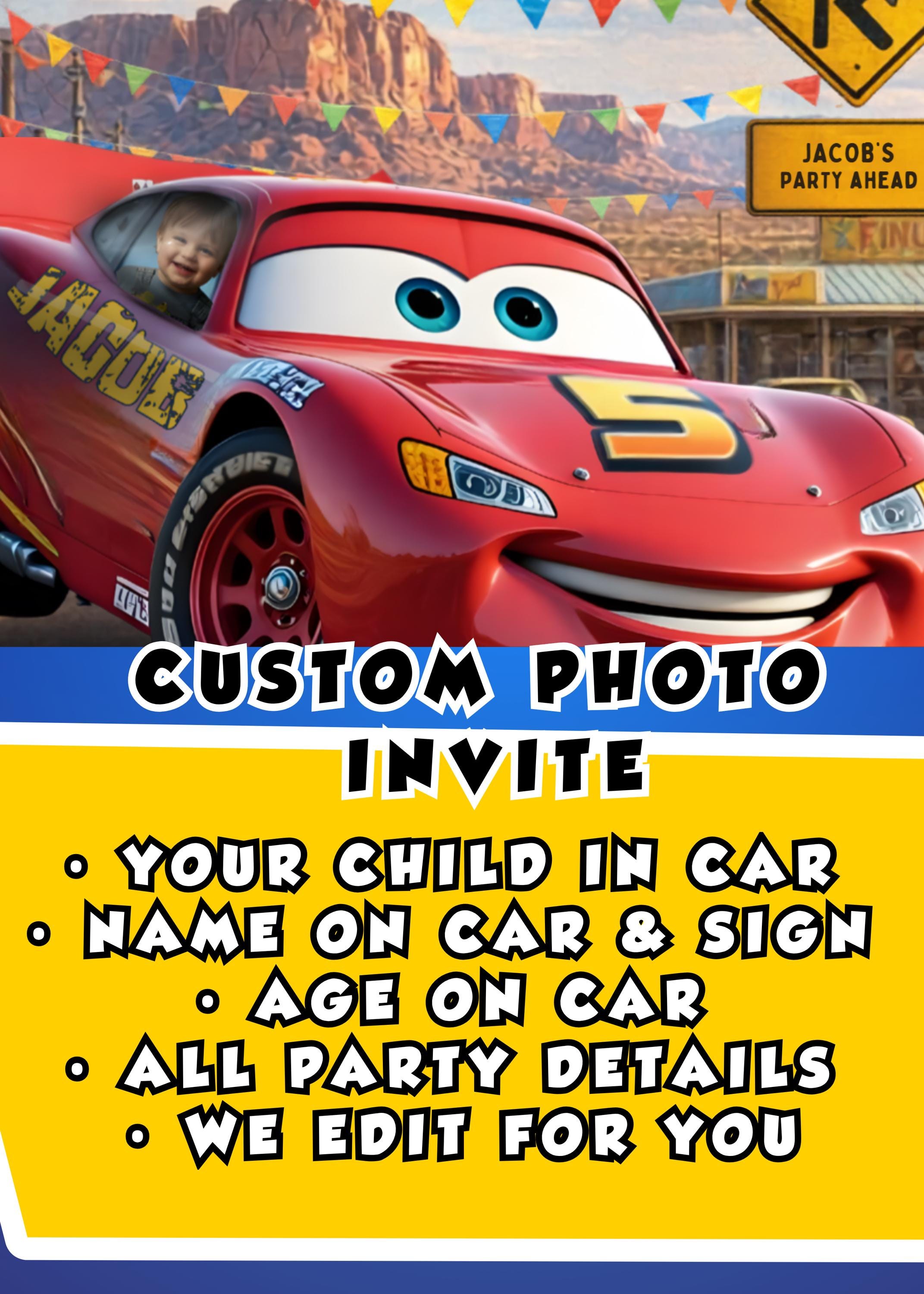 Custom Race Car Birthday Invitation, Personalized Kids Invite with Photo, Name and Age on Car, Digital Birthday Invite, We Edit
