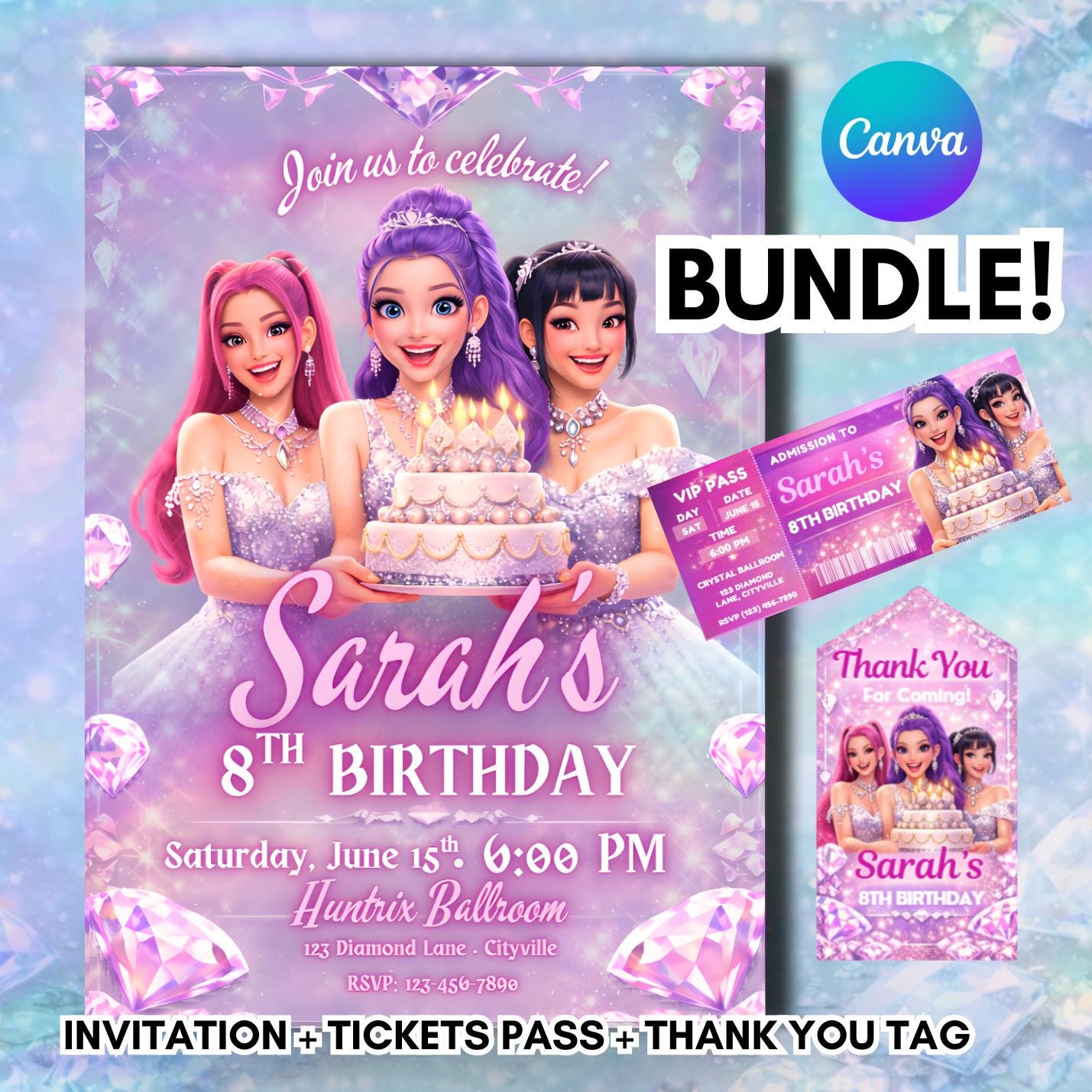 K-pop Demon Hunters Invite, Thank you Tag, Ticket Pass - Editable Canva Template - Huntrix Golden - Printable Digital Bundle