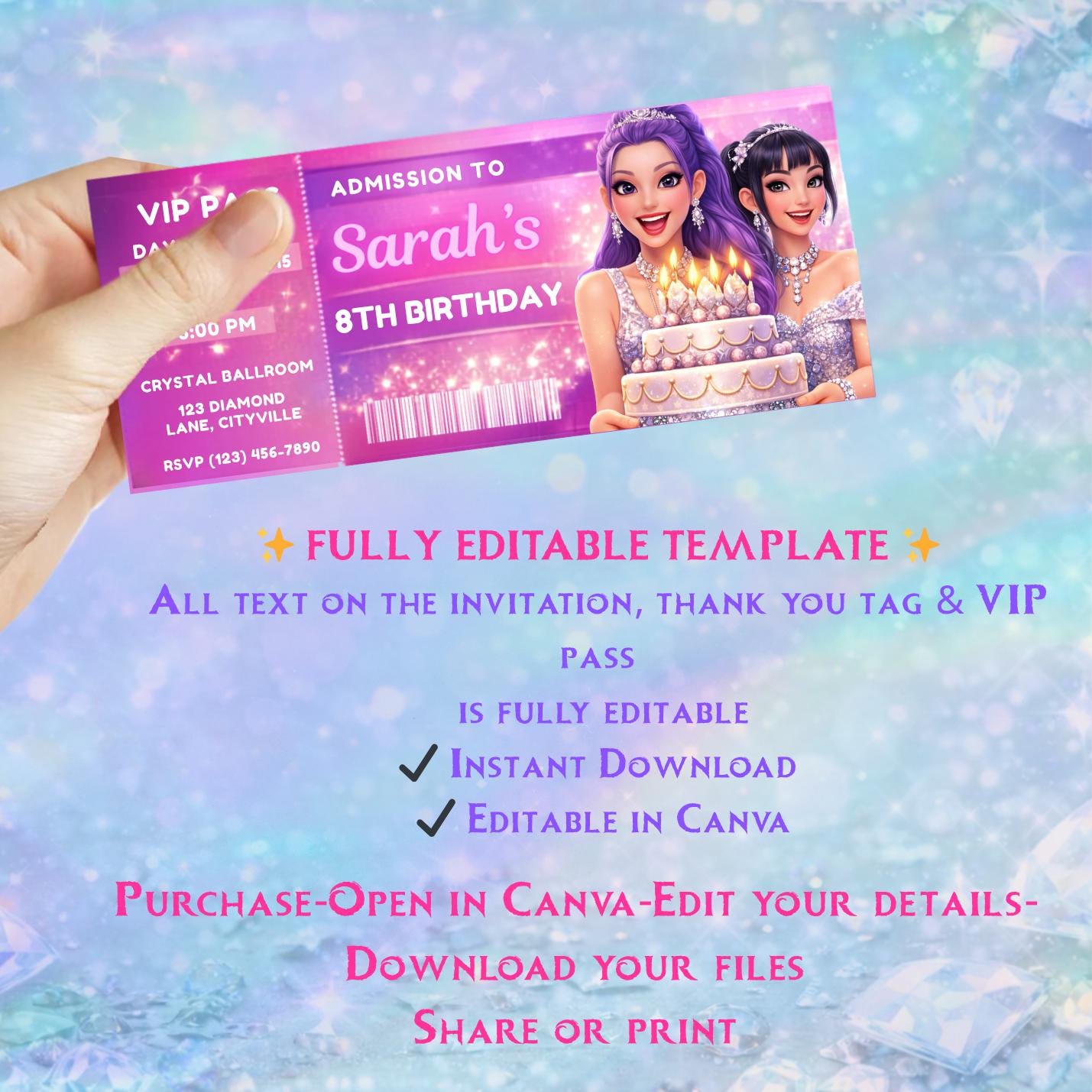 K-pop Demon Hunters Invite, Thank you Tag, Ticket Pass - Editable Canva Template - Huntrix Golden - Printable Digital Bundle