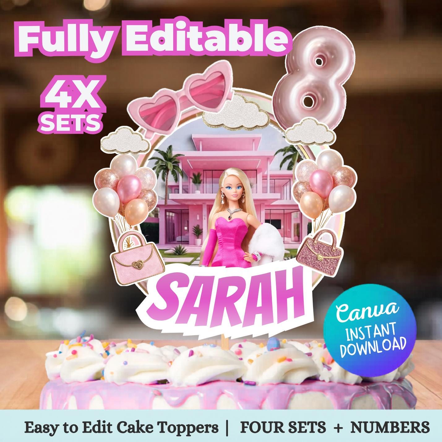Editable Pink Fashion Doll Cake Topper, Personalized Birthday Decor, Bundle, Canva Template, Party Favor, Instant Download, Party Decors