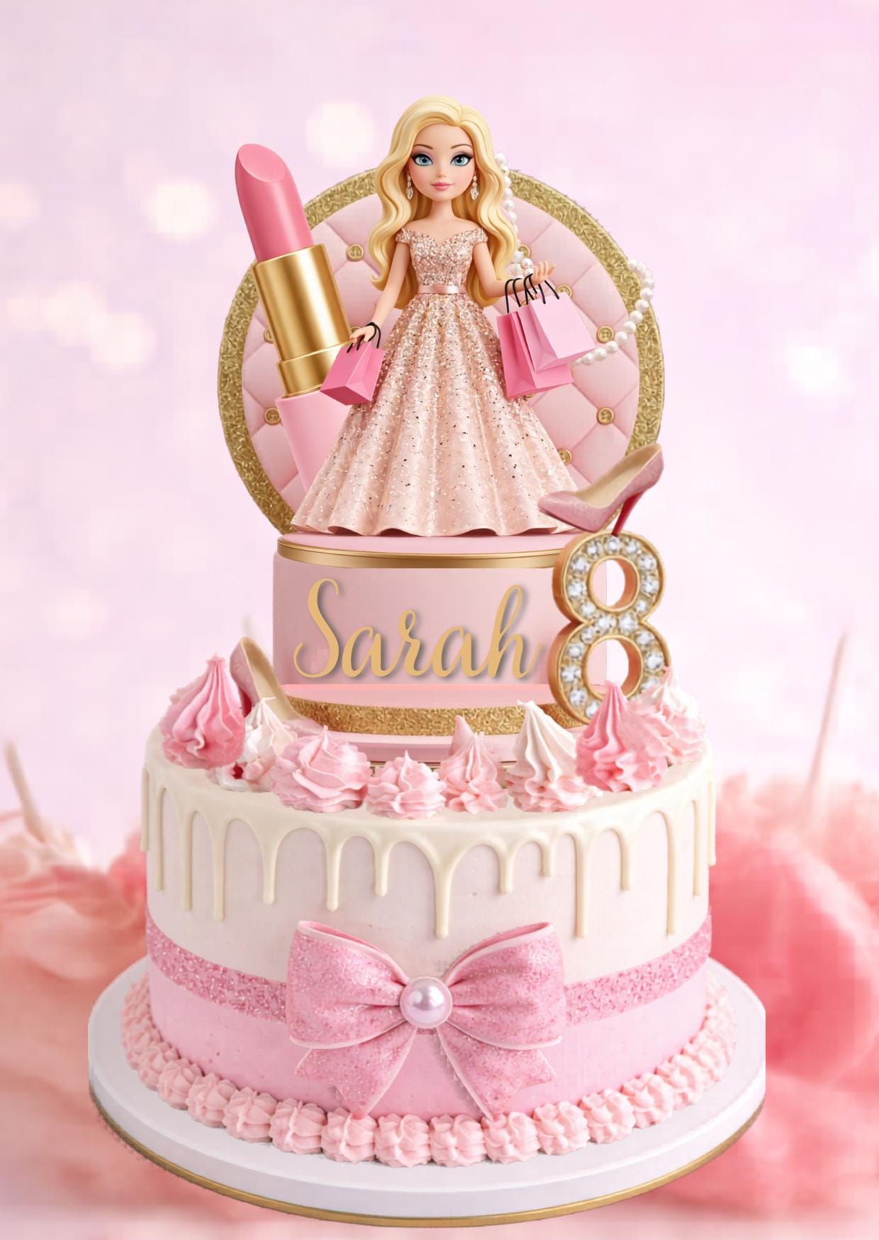 Editable Pink Fashion Doll Cake Topper, Personalized Birthday Decor, Bundle, Canva Template, Party Favor, Instant Download, Party Decors