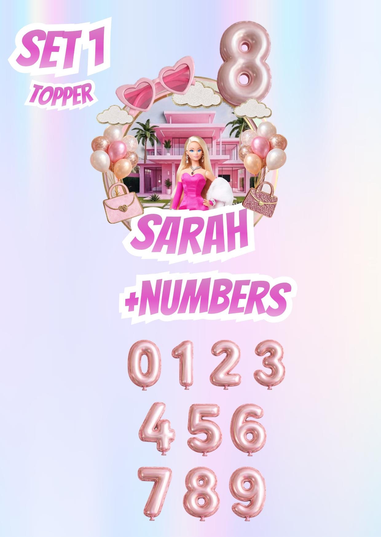 Editable Pink Fashion Doll Cake Topper, Personalized Birthday Decor, Bundle, Canva Template, Party Favor, Instant Download, Party Decors