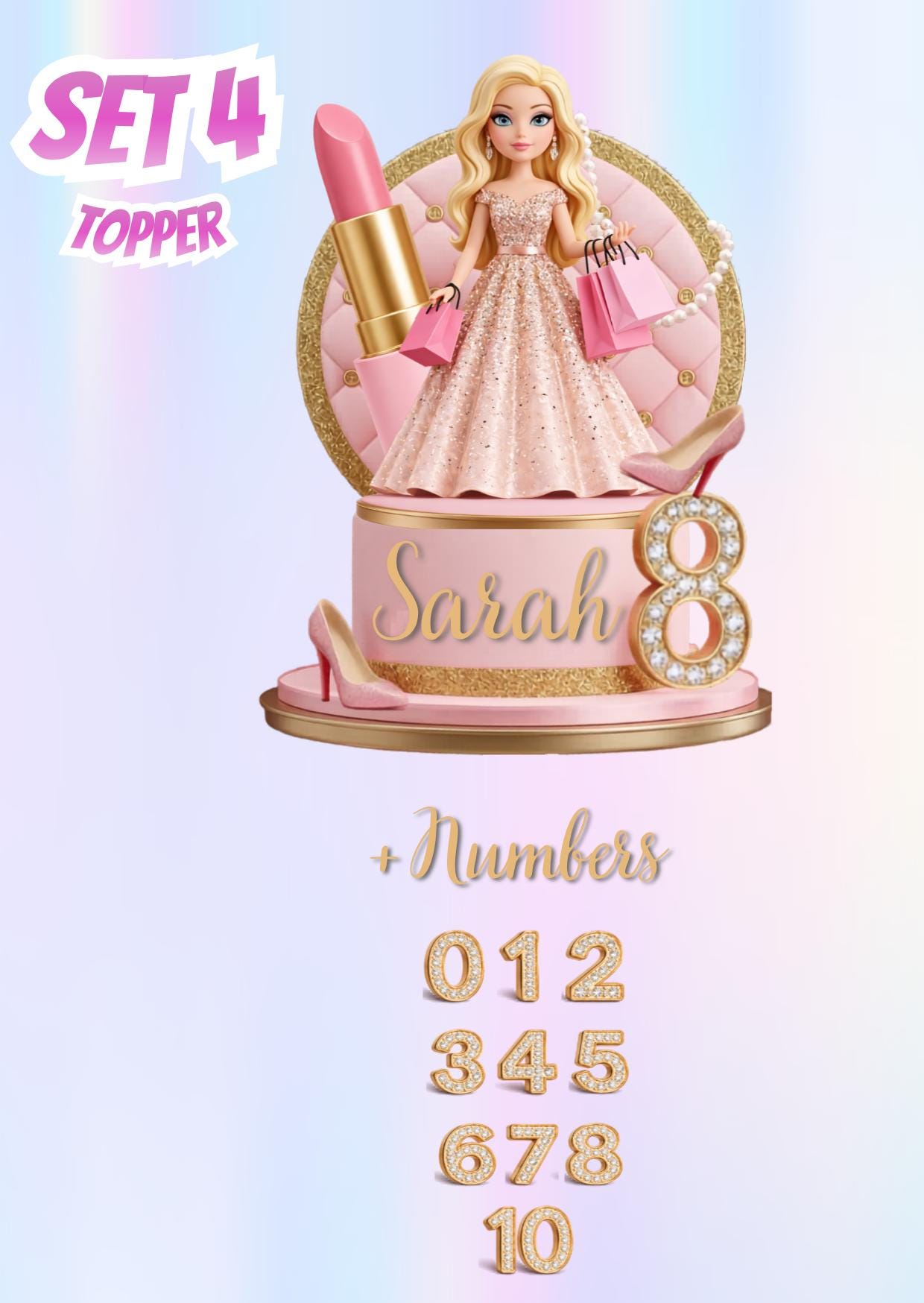 Editable Pink Fashion Doll Cake Topper, Personalized Birthday Decor, Bundle, Canva Template, Party Favor, Instant Download, Party Decors