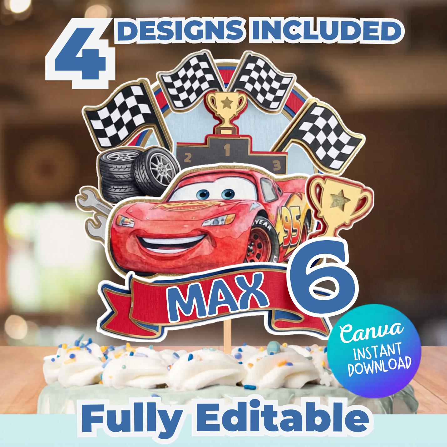 Cake topper Cars, lot de décorations, fête de course Lightning McQueen modifiable, centres de table Cars pour fête d’anniversaire, décorations de gâteau à imprimer