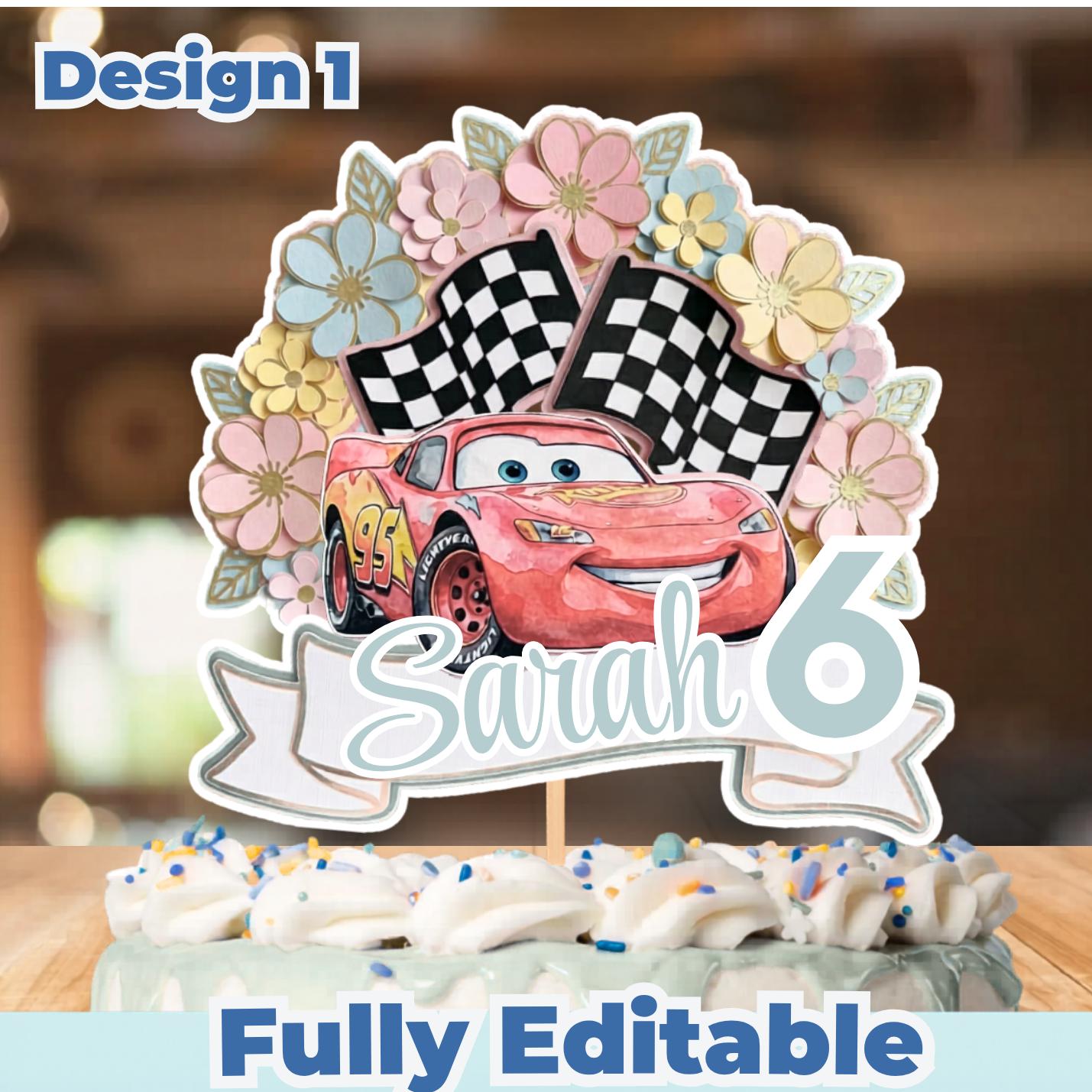 Cake topper Cars, lot de décorations, fête de course Lightning McQueen modifiable, centres de table Cars pour fête d’anniversaire, décorations de gâteau à imprimer