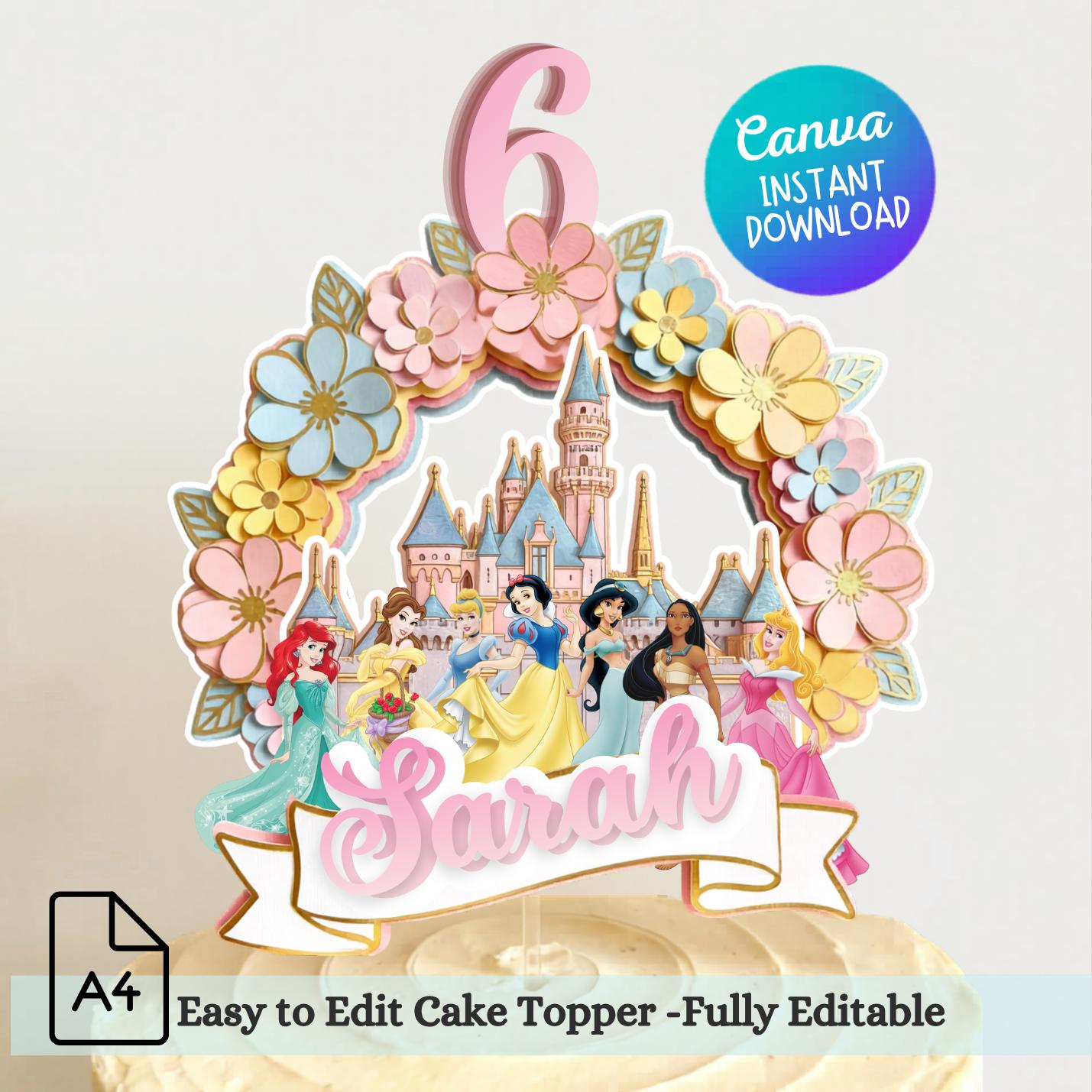 Topper para Tarta de Princesa | Decoración de cumpleaños totalmente editable | Plantilla de Canva descarga digital instantánea | topper para tarta Disneyland