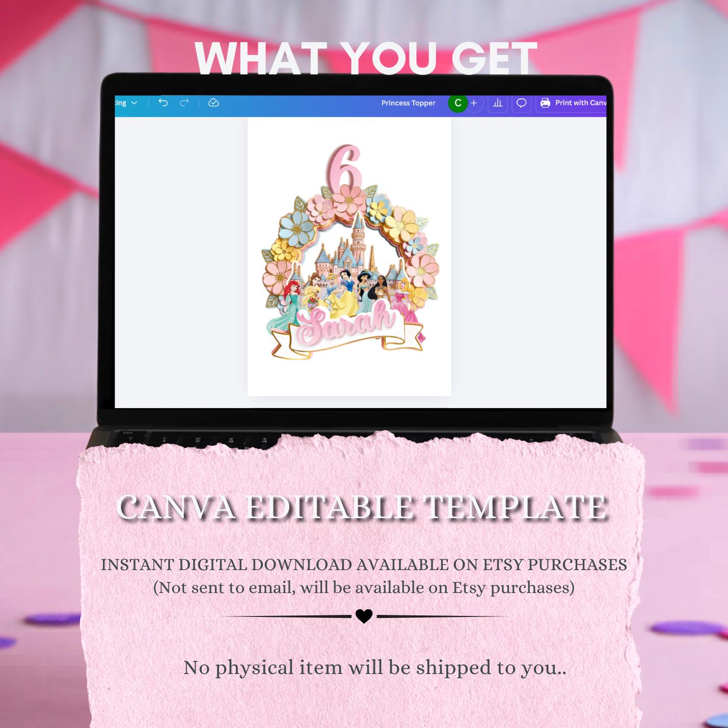 Princess Cake Topper | Fully Editable Birthday Party Decor | Canva Template Digital Instant Download | Disneyland cake topper