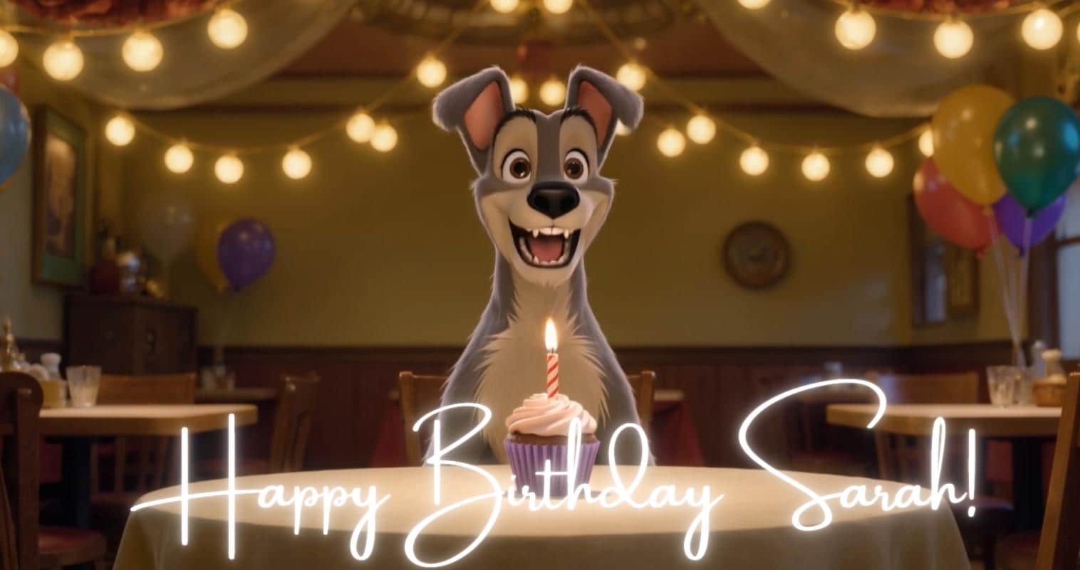 Modèle Canva de vidéo d’anniversaire chien, message d’anniversaire enfant modifiable, ajoutez photo et texte, voix préenregistrée