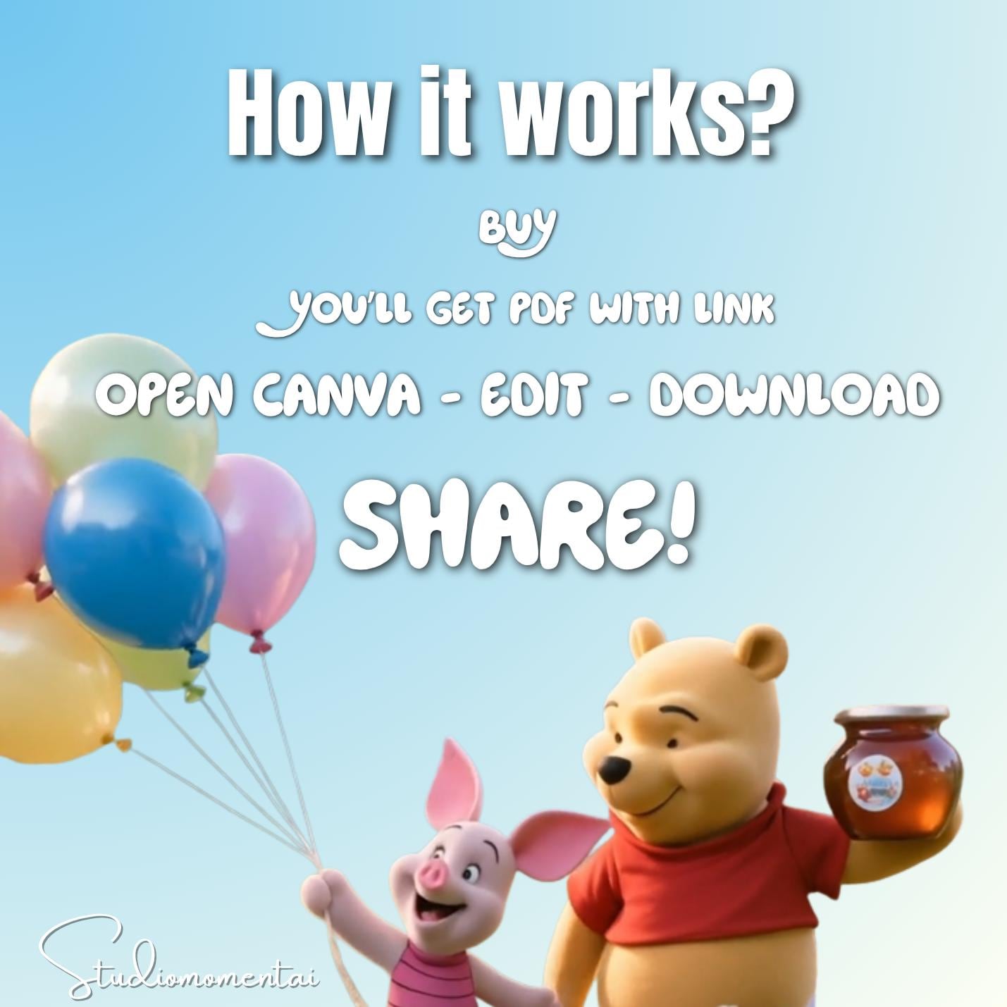 Vidéo d’anniversaire Winnie the Pooh, modèle Canva modifiable avec photo de l’enfant, cadeau MP4 personnalisé pour enfants