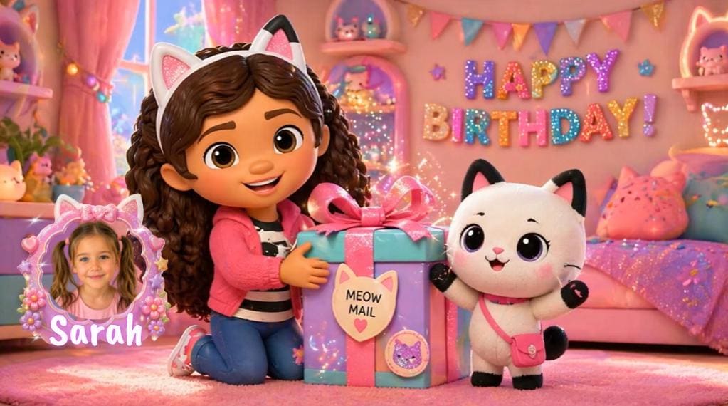 Vídeo de cumpleaños de Gabby Dollhouse, plantilla personalizada de Canva con foto del niño/a, descarga instantánea MP4 con felicitaciones de cumpleaños infantiles